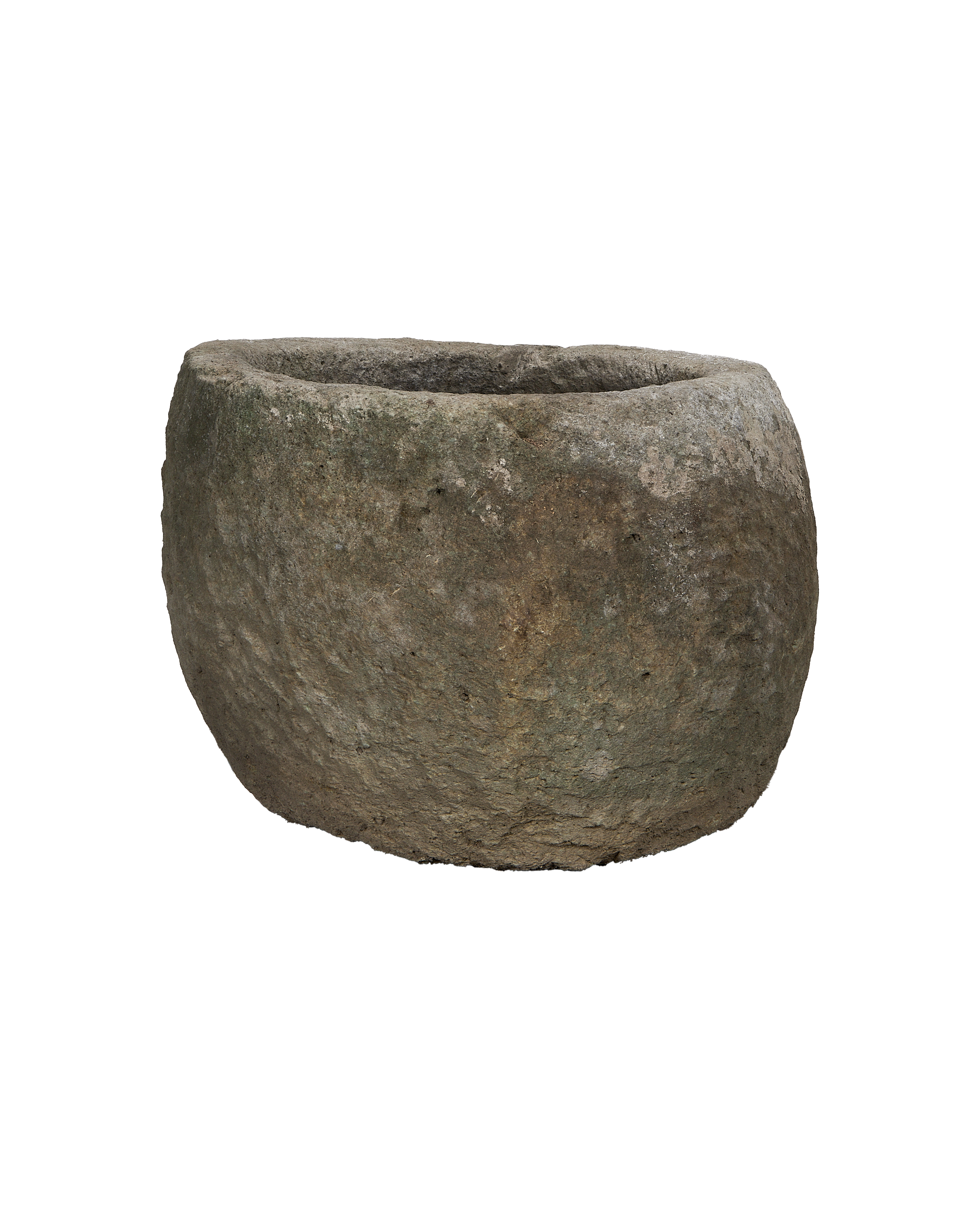 Vintage round limestone trough, rich texture, showing the weathered Indonesian OAK-like finish.
