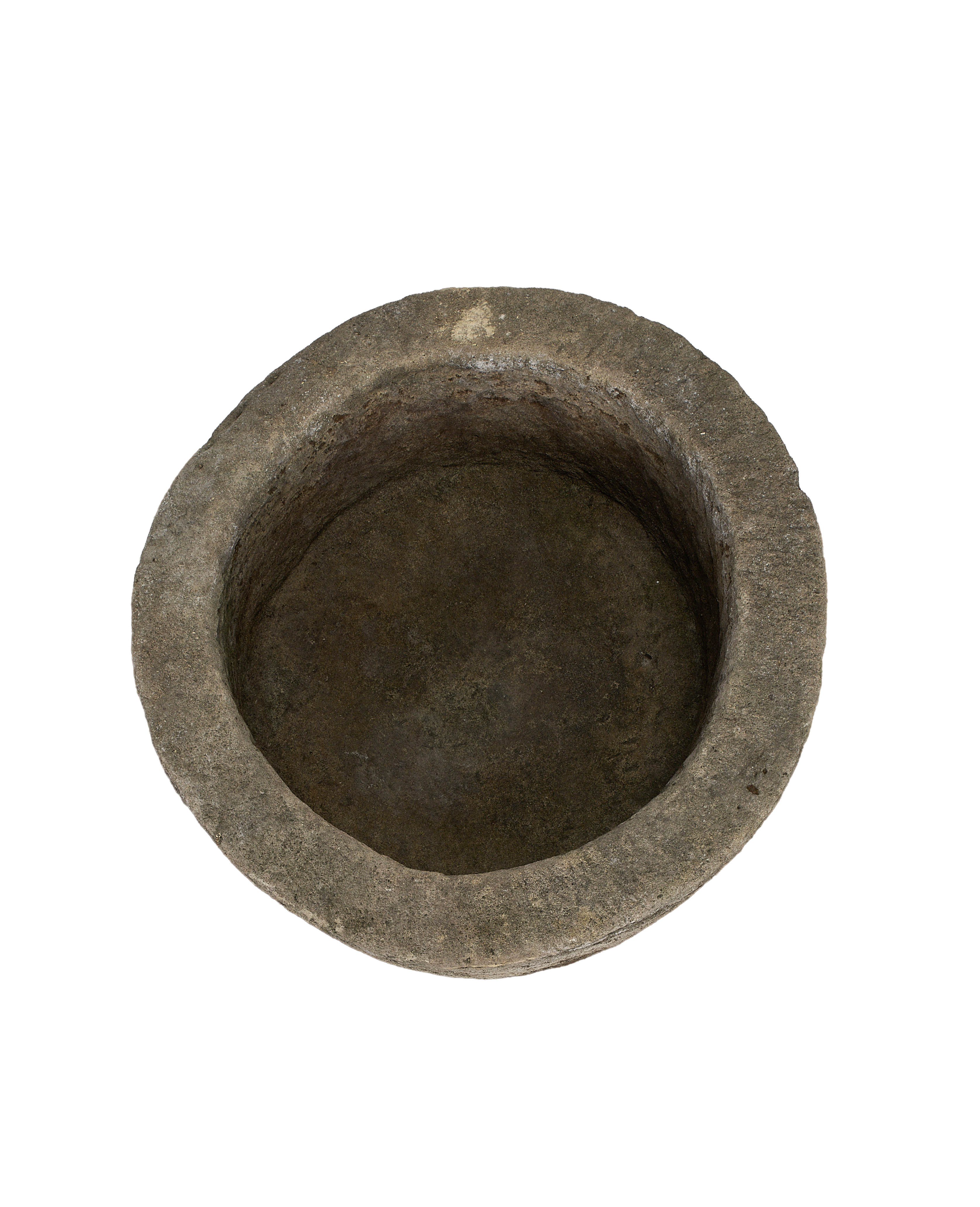 Vintage Indonesian limestone trough, top-down view showing interior depth and rough texture.