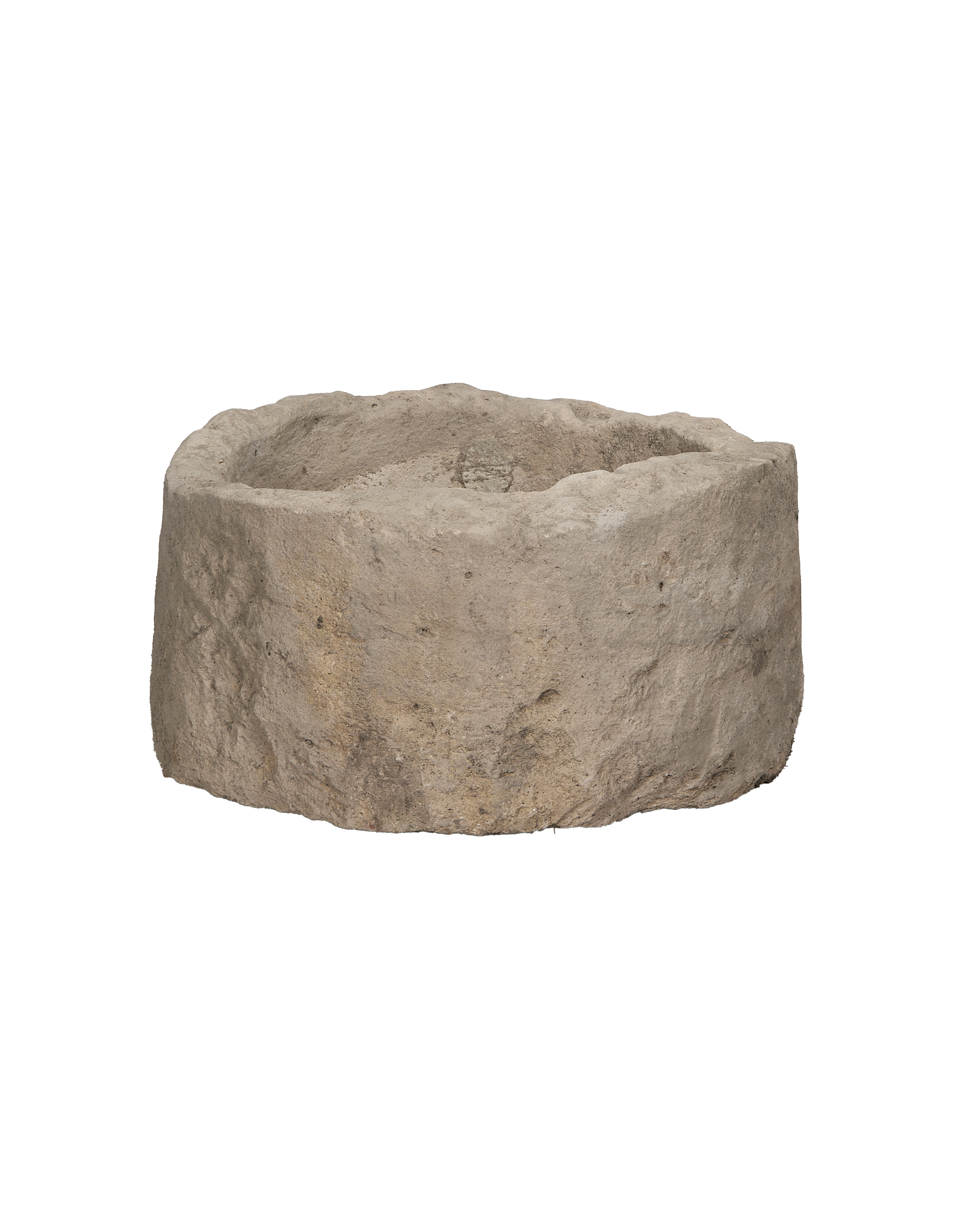 Vintage round limestone trough, light gray, with natural rough texture from Indonesia.