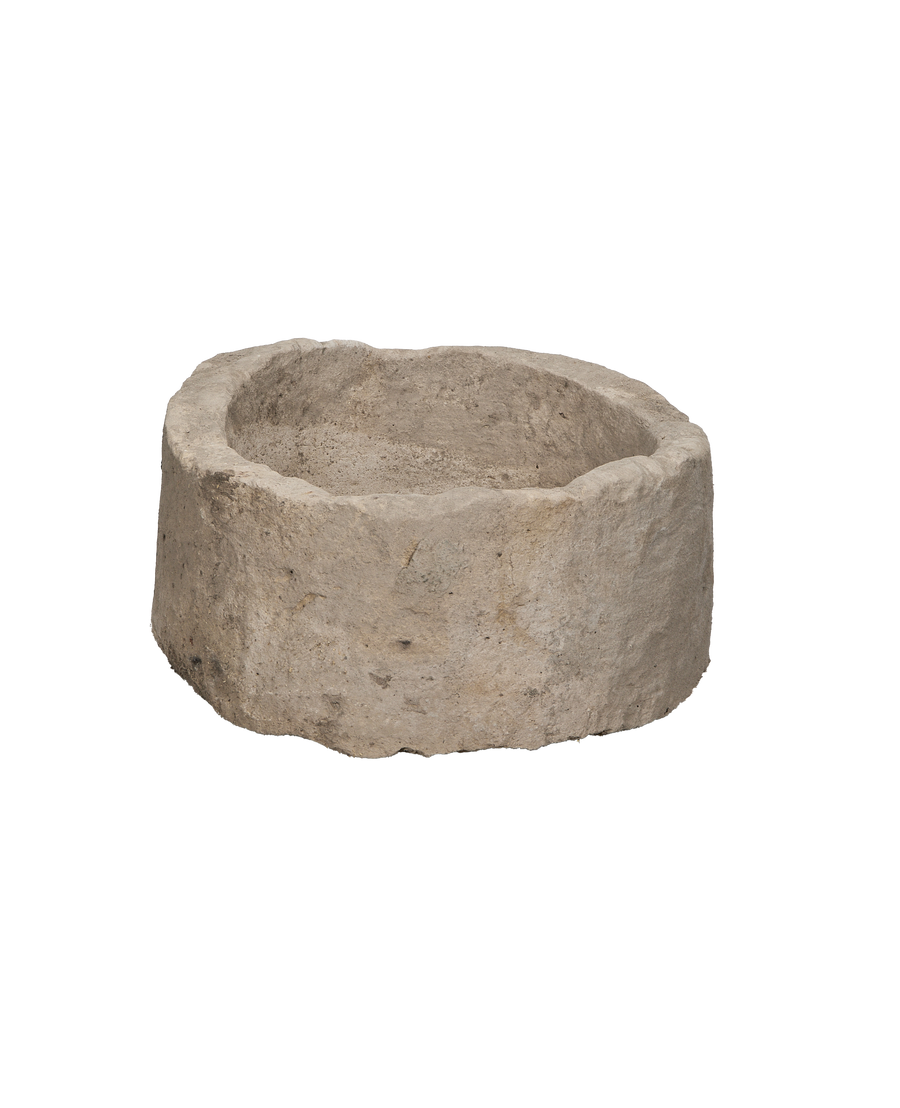 Vintage Indonesian limestone trough, OAK style, showing interior texture and worn rim.