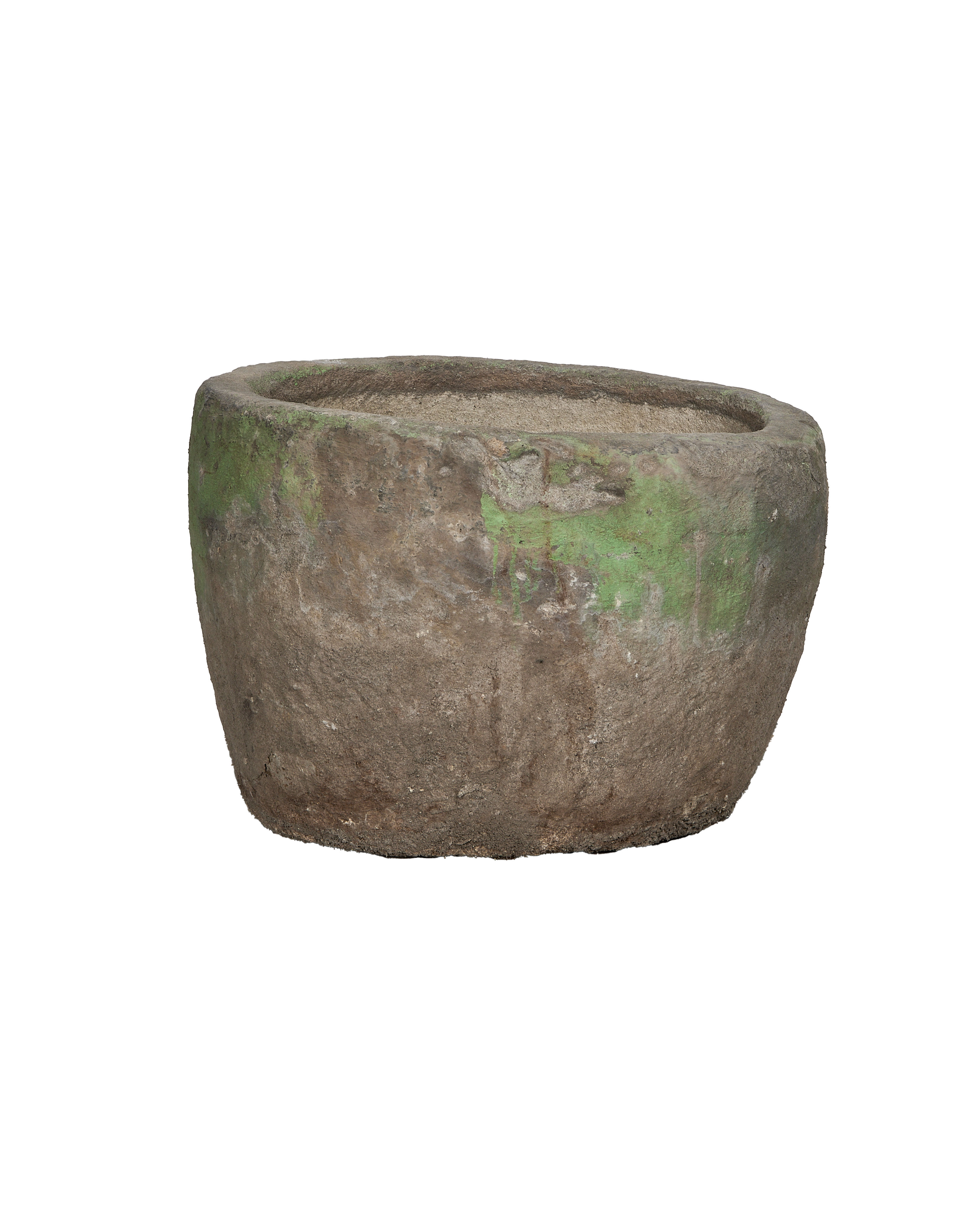 Vintage round Indonesian limestone trough, grey-brown with green patina, showcasing natural texture and aged condition.