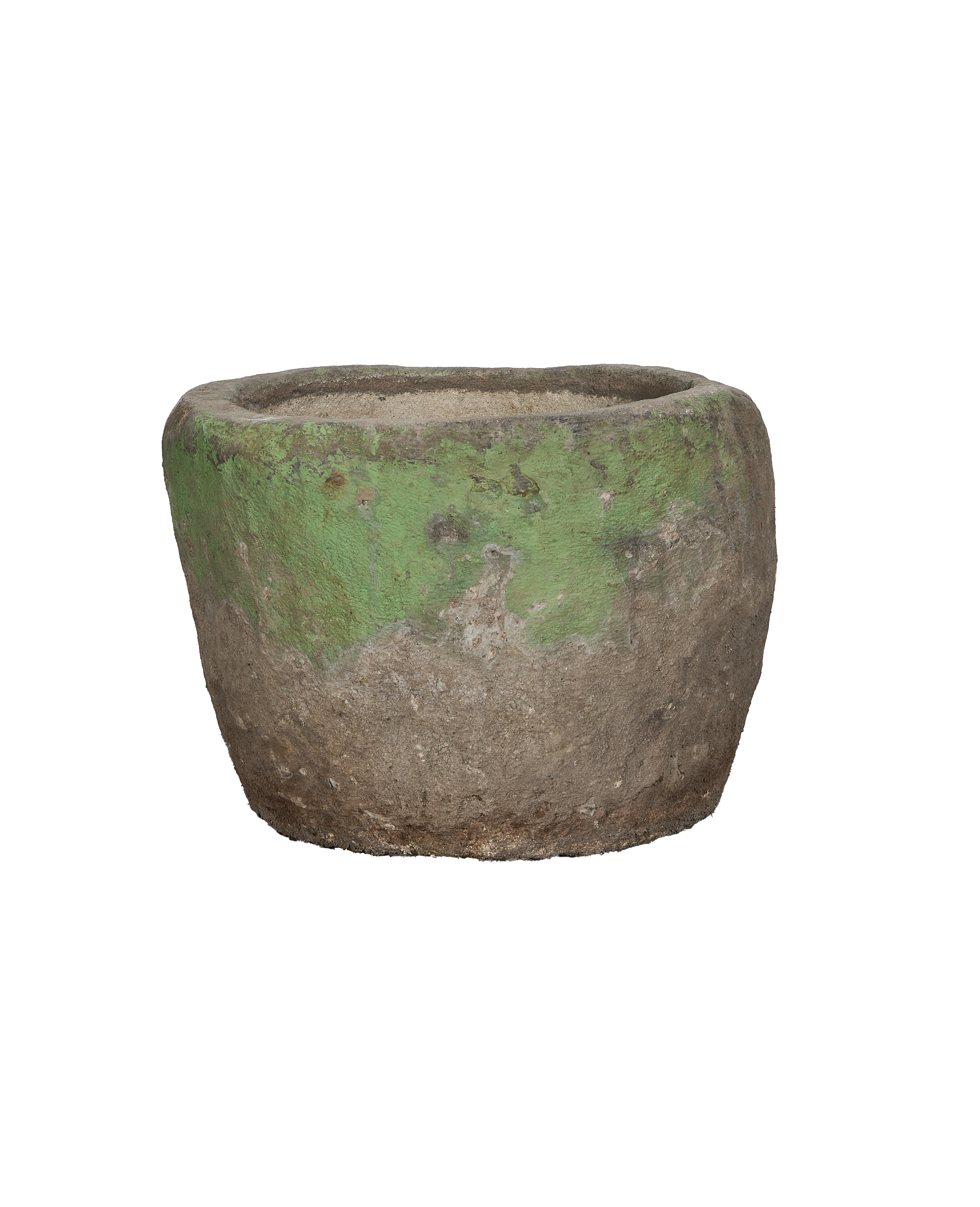 Vintage Indonesian round limestone trough, green patina over weathered stone, side view.