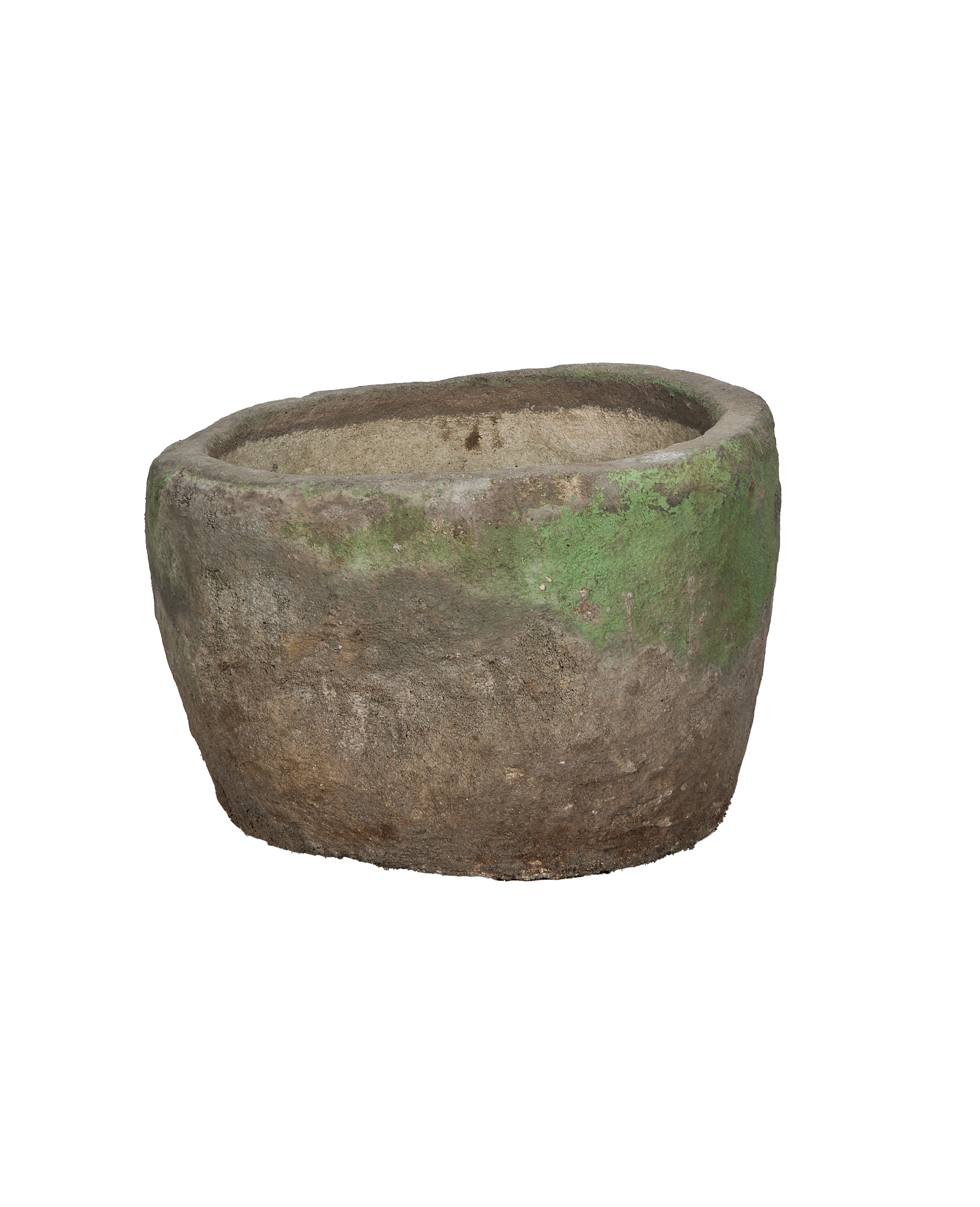 Vintage round limestone trough from Indonesia with unique green moss patina.
