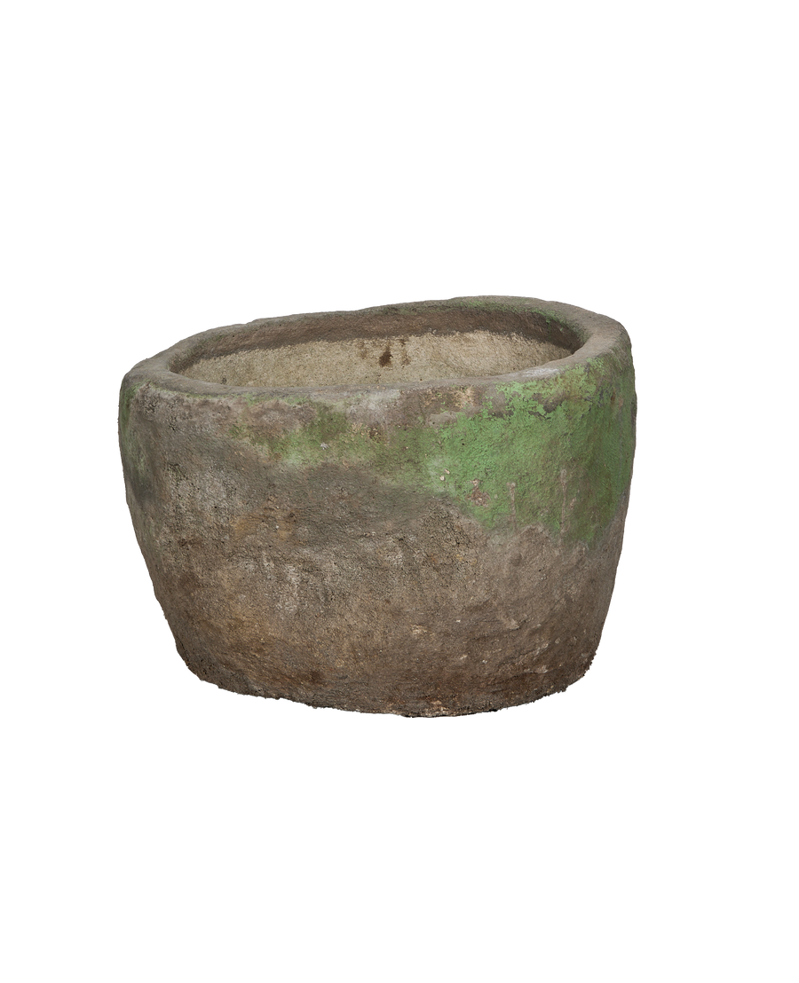 Vintage round limestone trough from Indonesia with unique green moss patina.