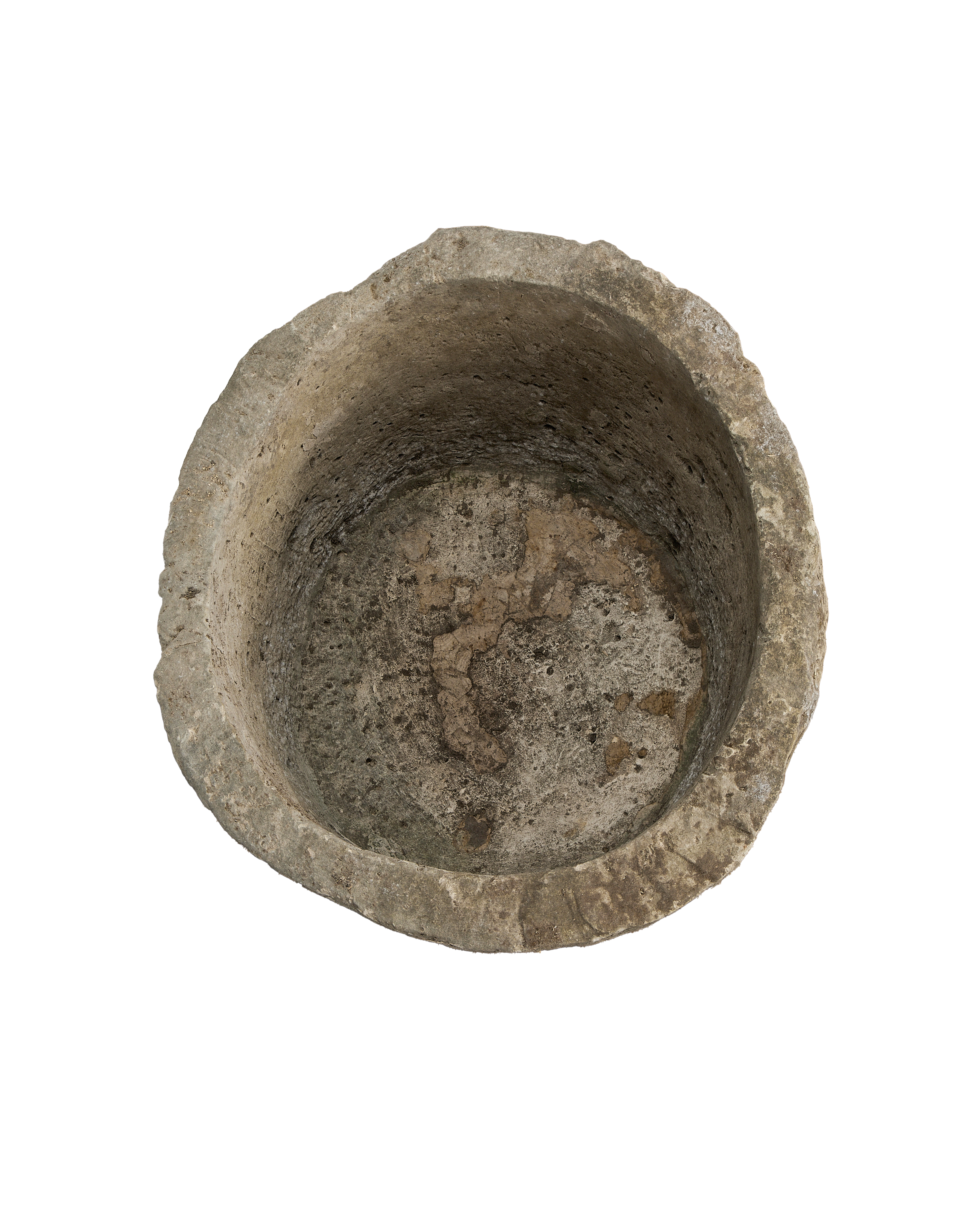 Vintage Indonesian limestone trough viewed directly from overhead, showing round interior.
