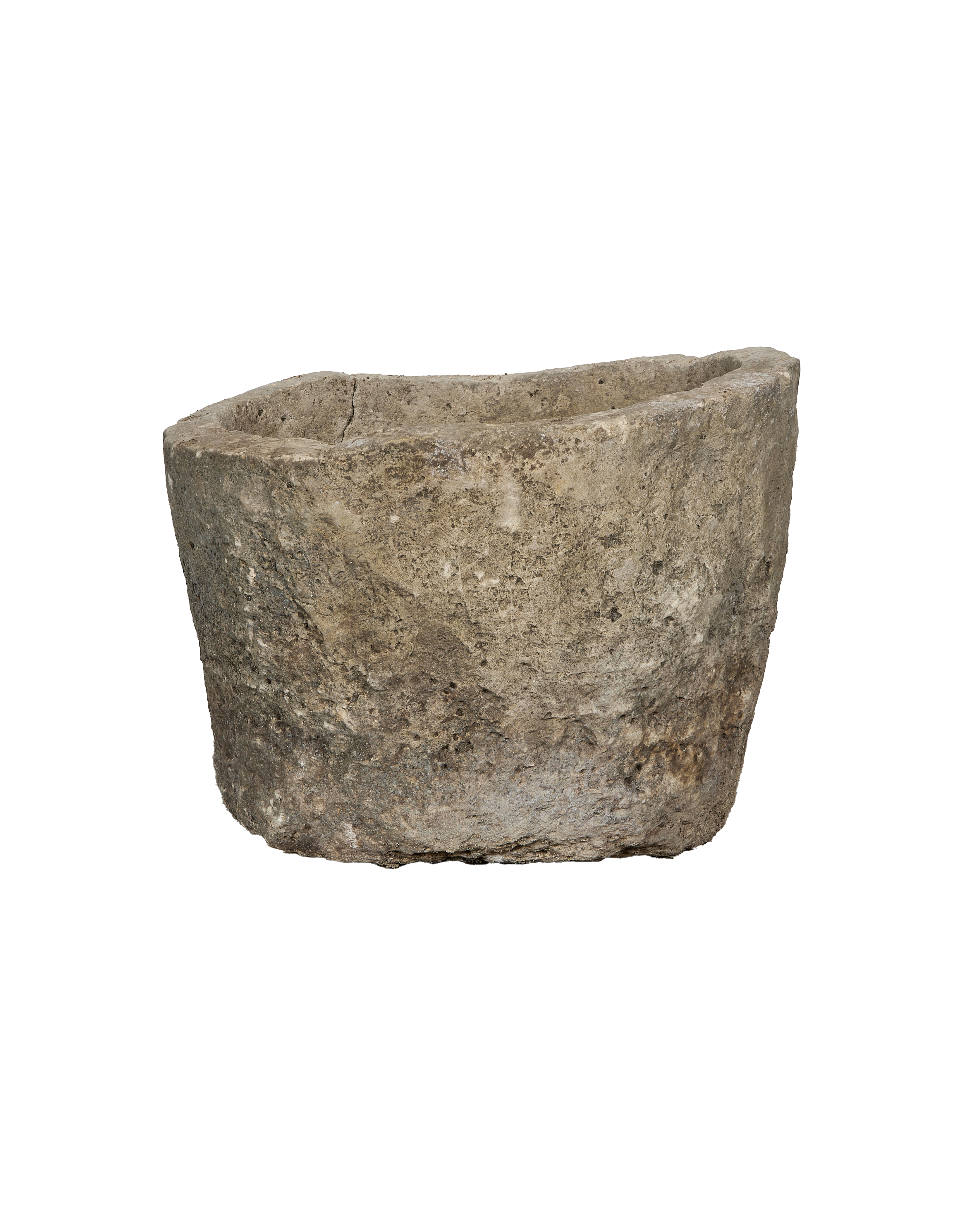 Vintage Indonesian limestone trough, OAK, with naturally weathered, rough, round texture and organic shape.