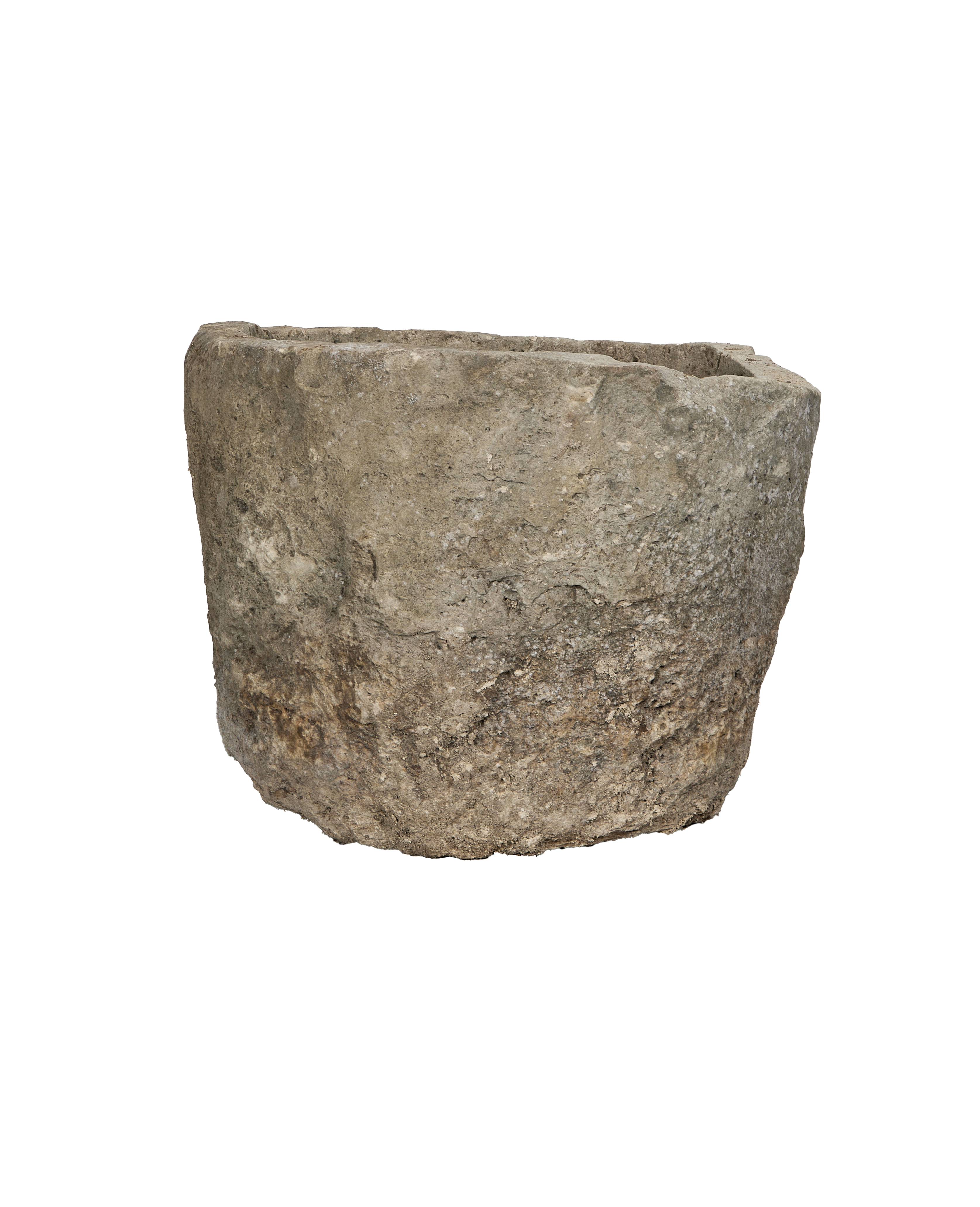 Vintage round limestone trough from Indonesia, showcasing weathered texture and rim detail.