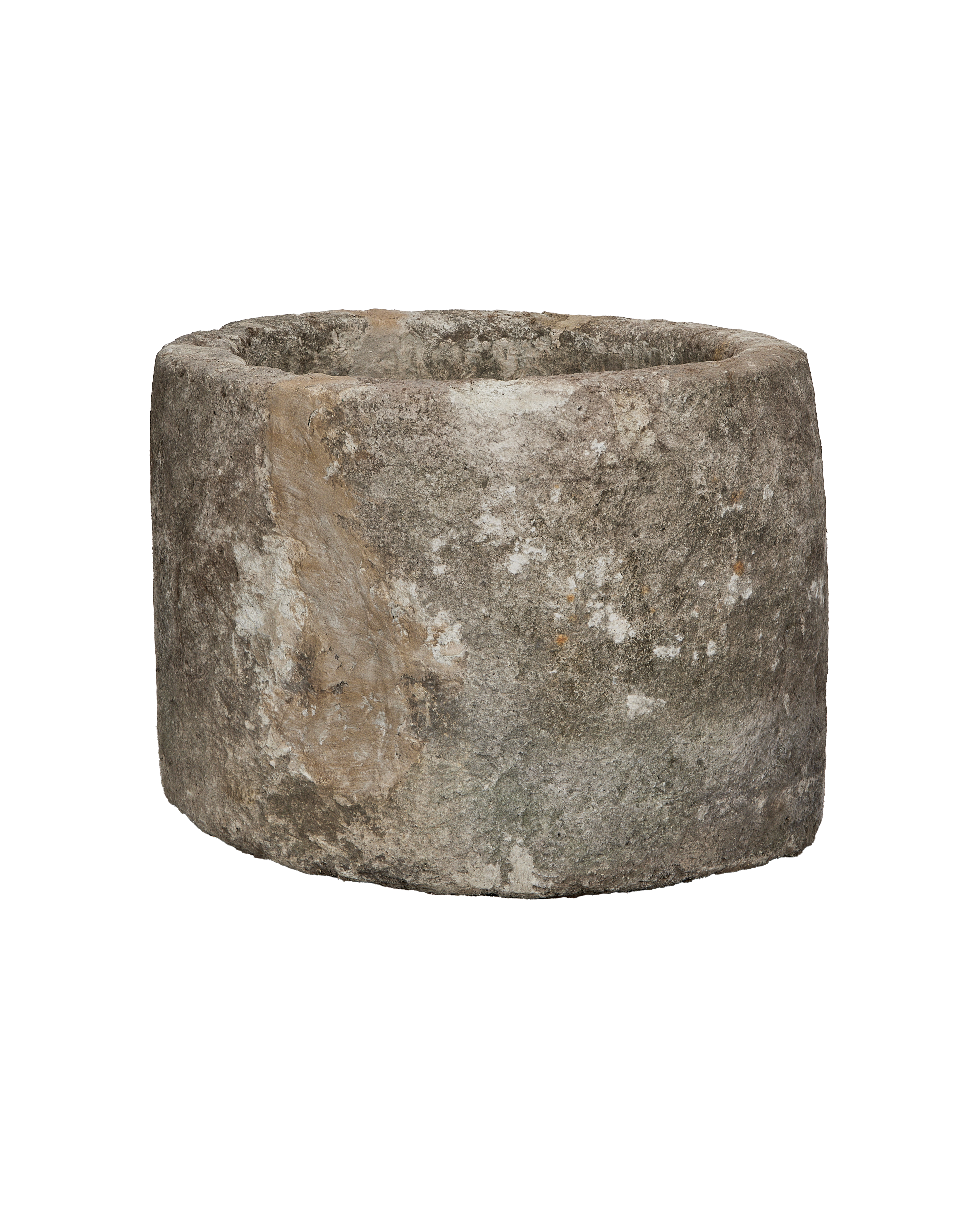 Vintage Indonesian round limestone trough, rough textured, weathered grey and white patina.