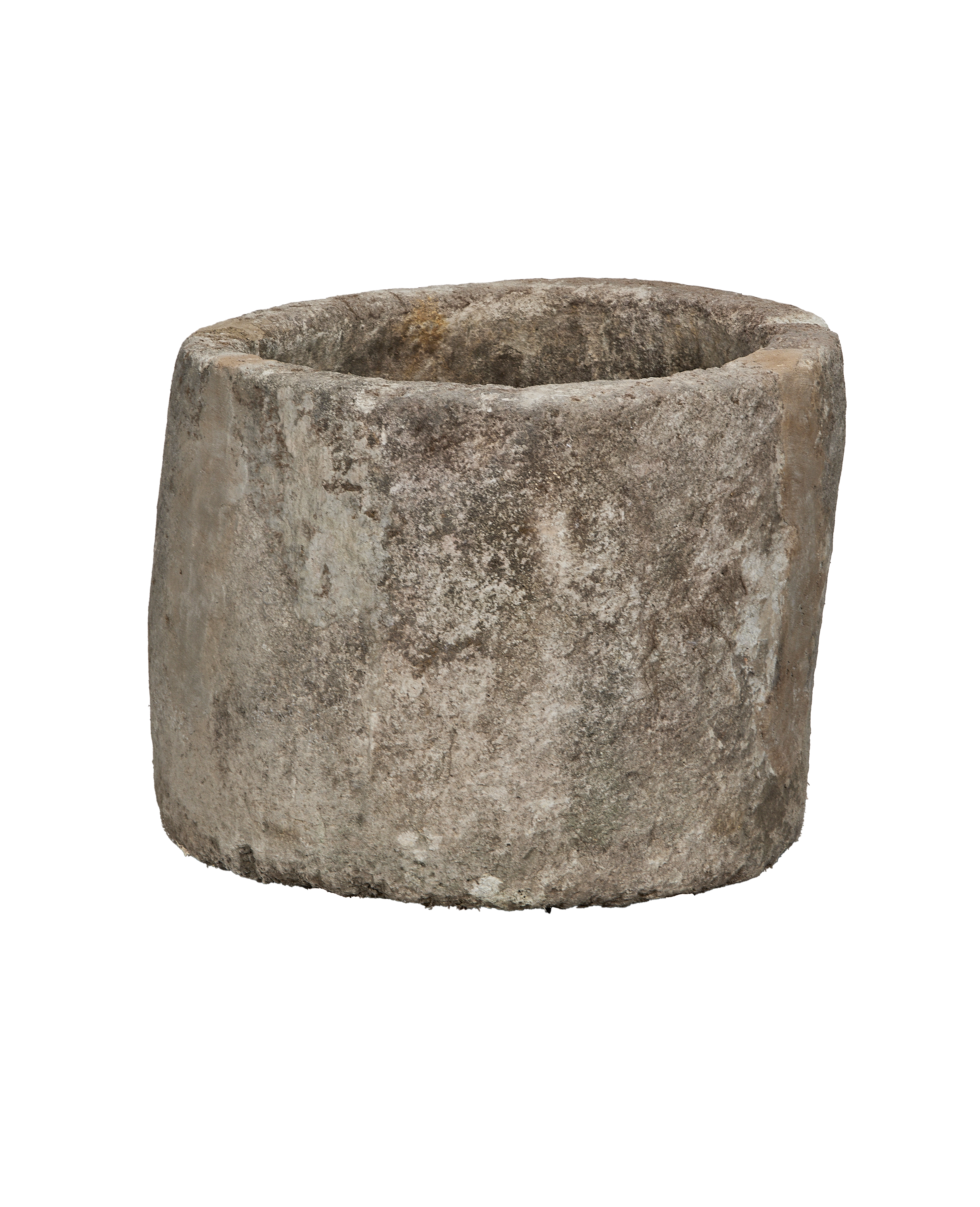 Vintage round Indonesian limestone trough, OAK style, showing weathered textured exterior.