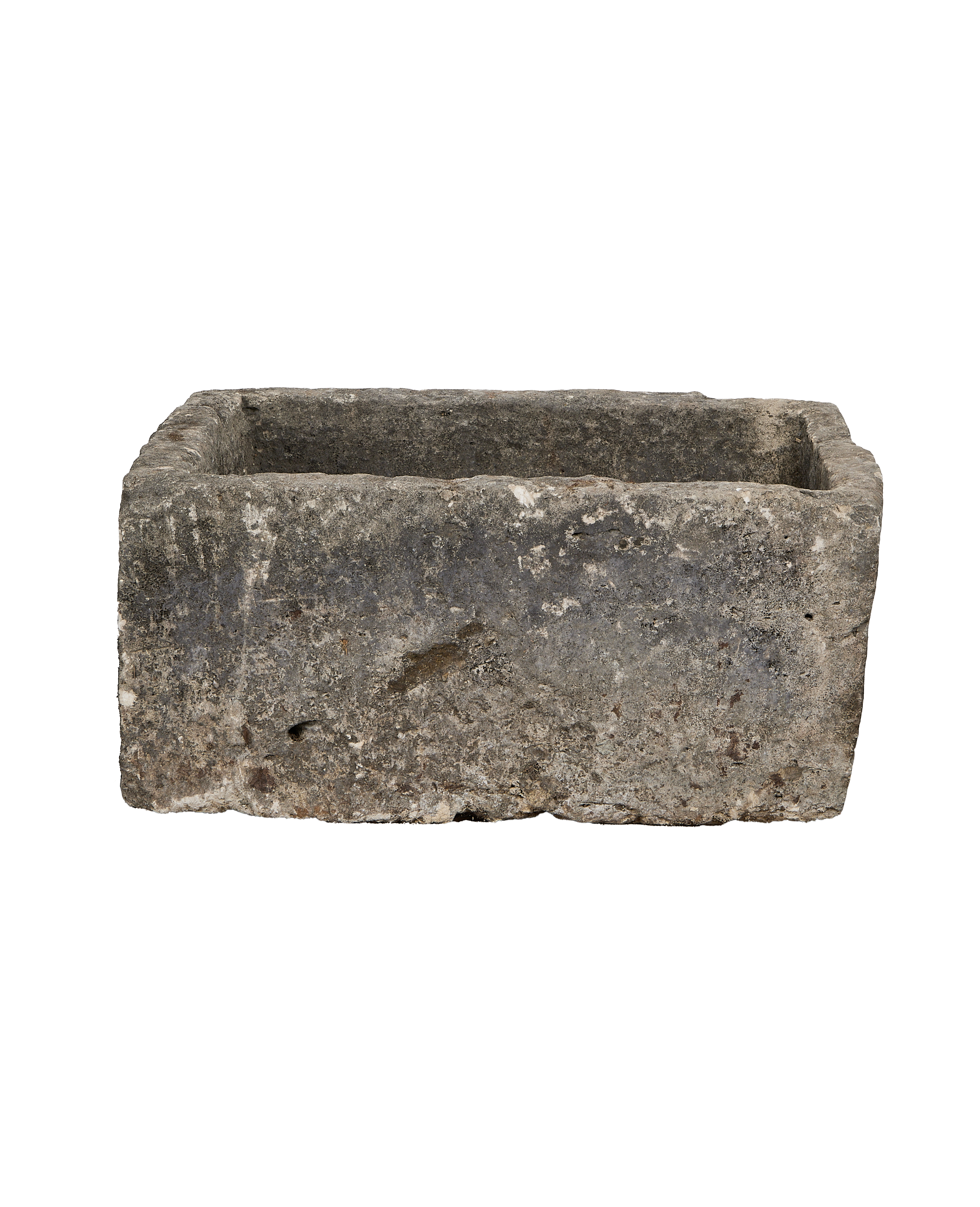 Vintage Indonesian rectangular limestone trough with aged, weathered grey surface.