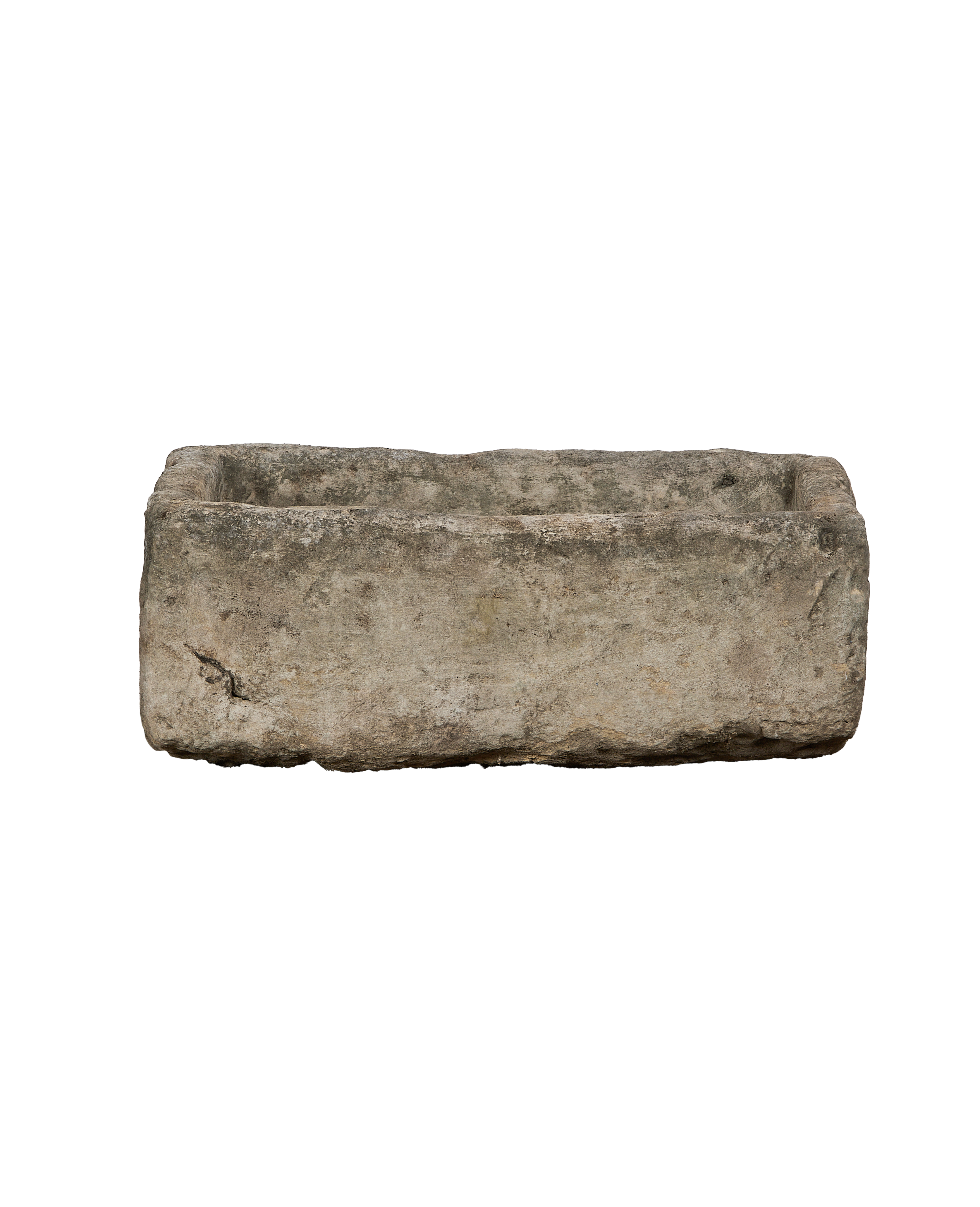 Vintage Indonesian rectangular limestone trough, rustic condition, weathered texture visible from top angle.
