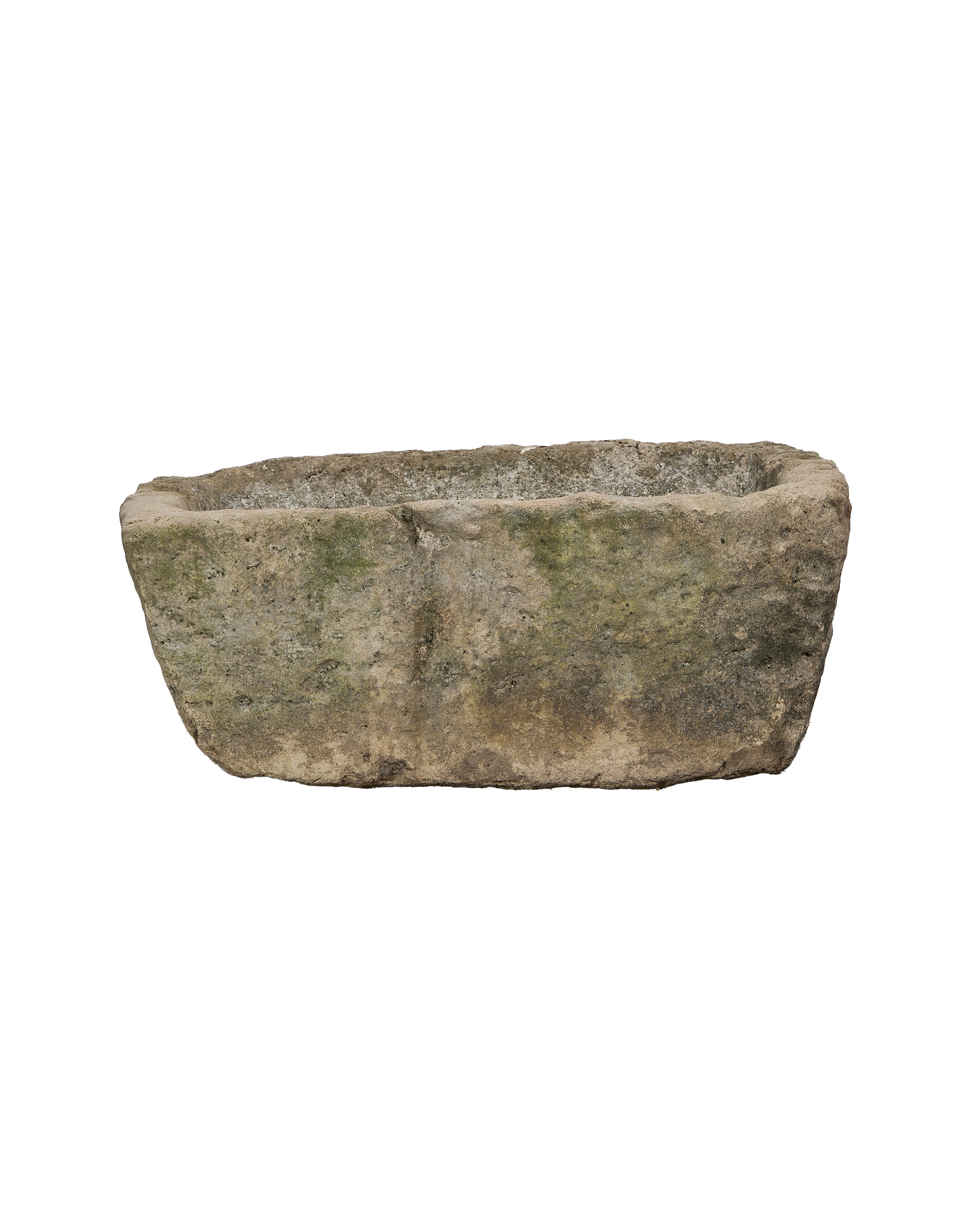 Vintage rectangular limestone trough, weathered gray-green patina, showcasing its rustic texture.