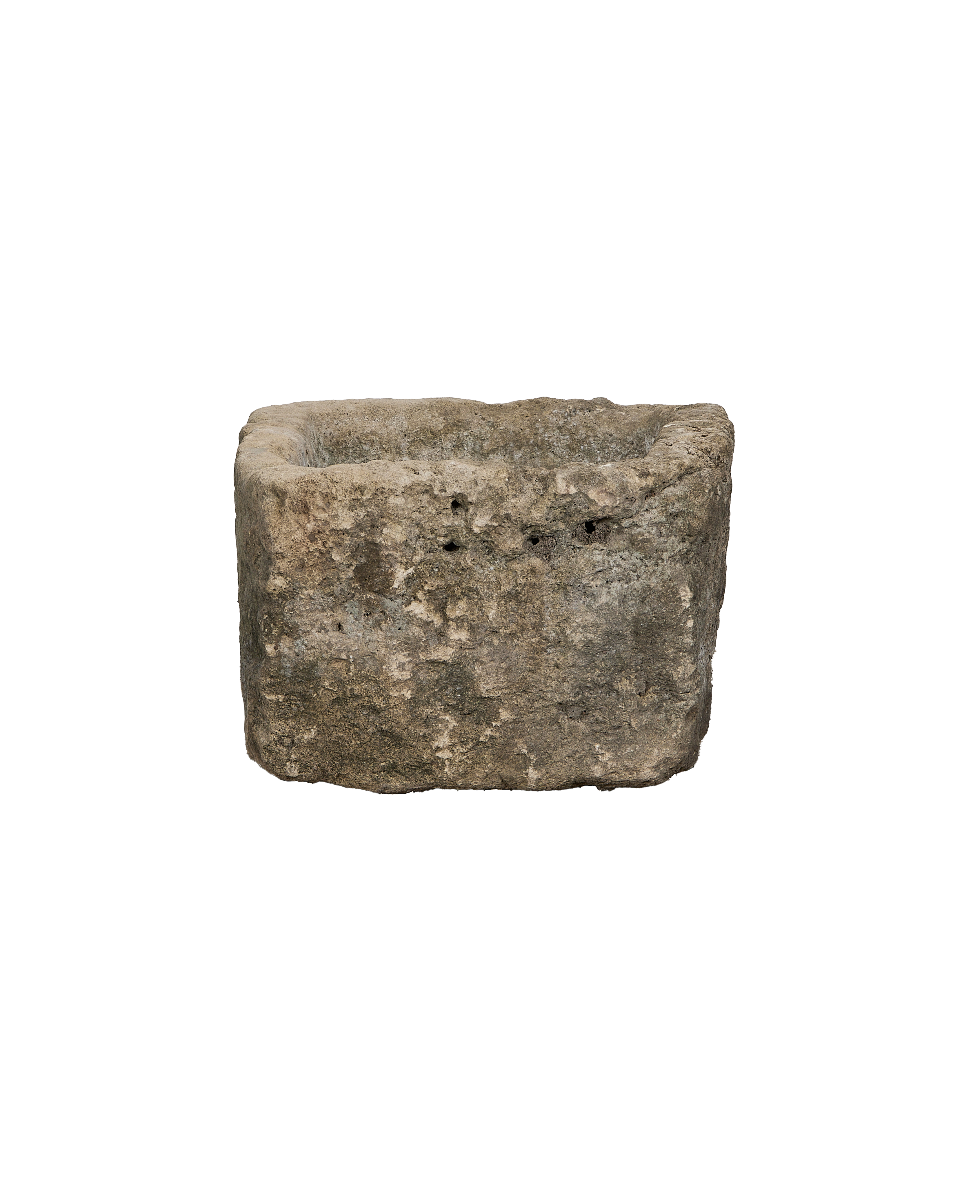 Vintage rectangular limestone trough, showing textured side with natural imperfections, from Indonesia.