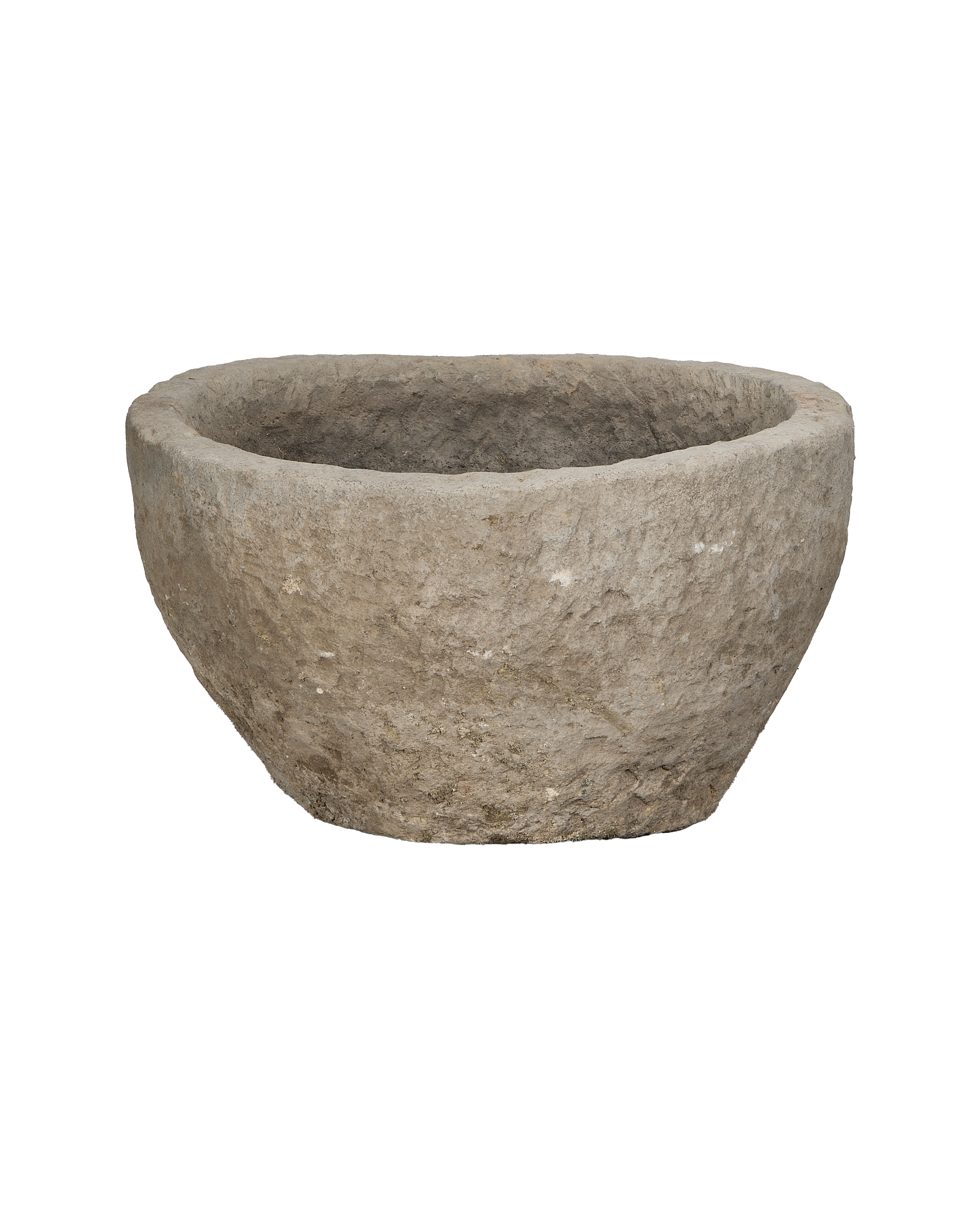 Vintage Indonesian round limestone trough, earthy texture, weathered patina, for garden or display.