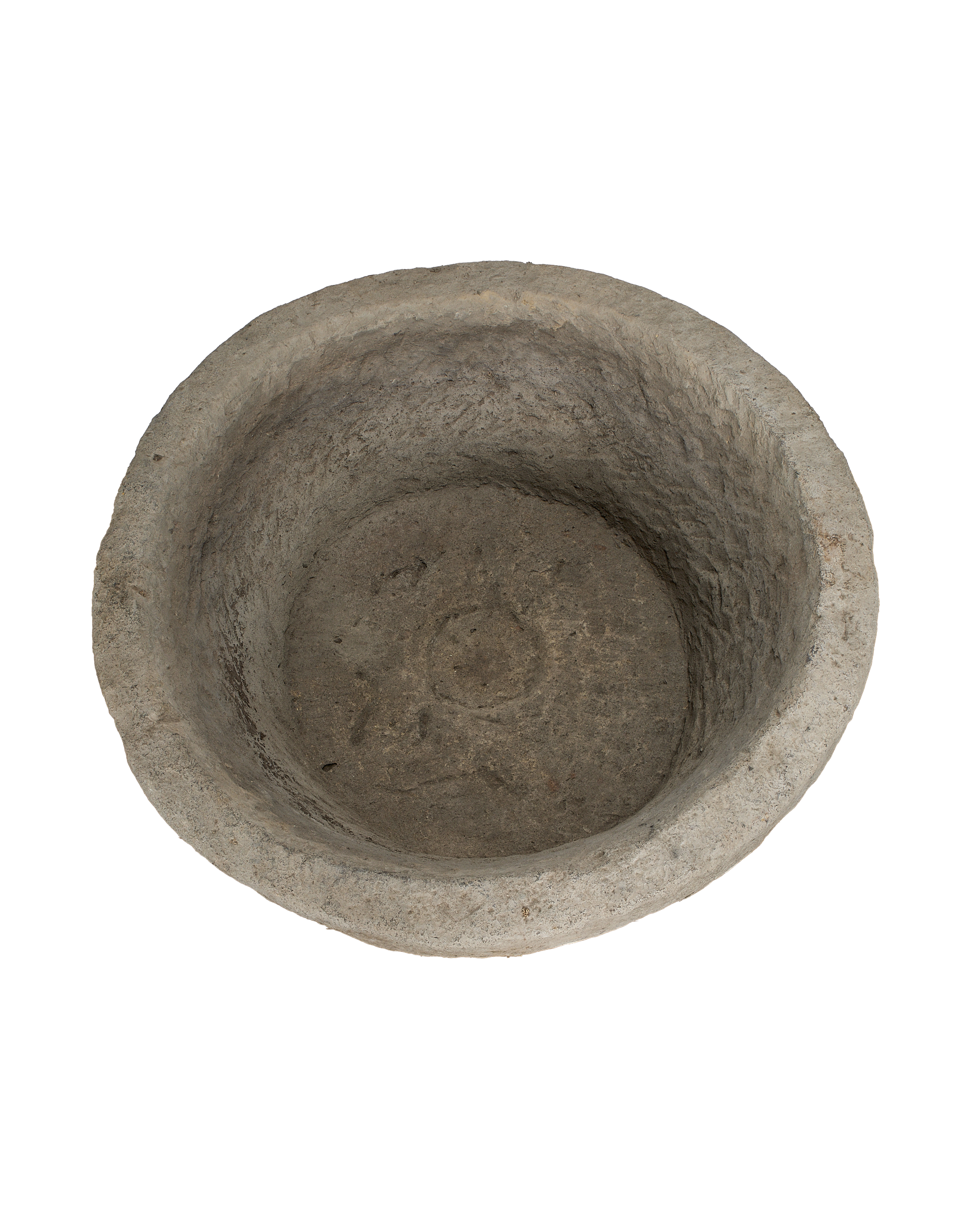 Vintage Indonesian limestone trough (top-down view) showing rustic interior and bowl depth.