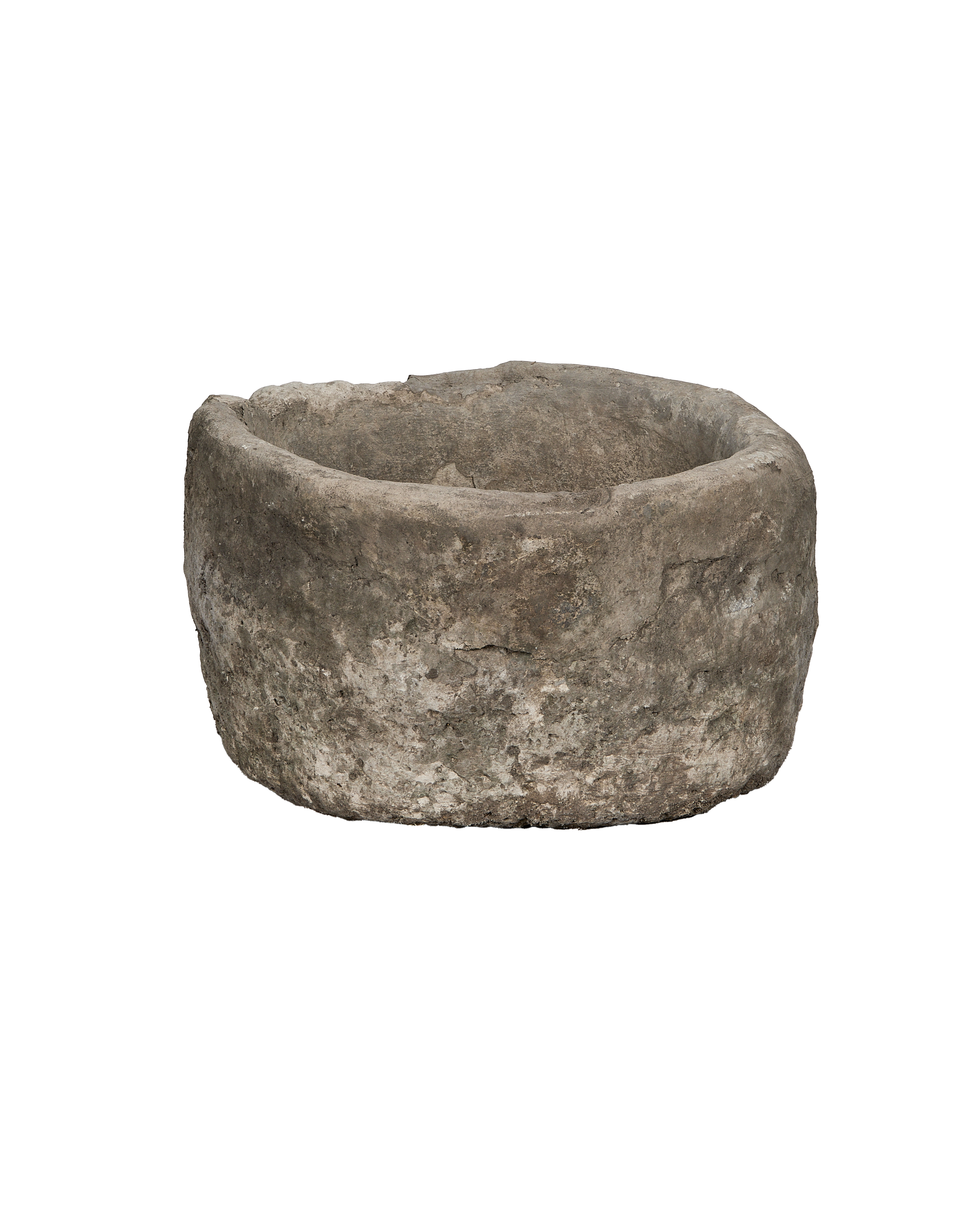 Vintage Indonesian round limestone trough, weathered OAK finish, main product view.