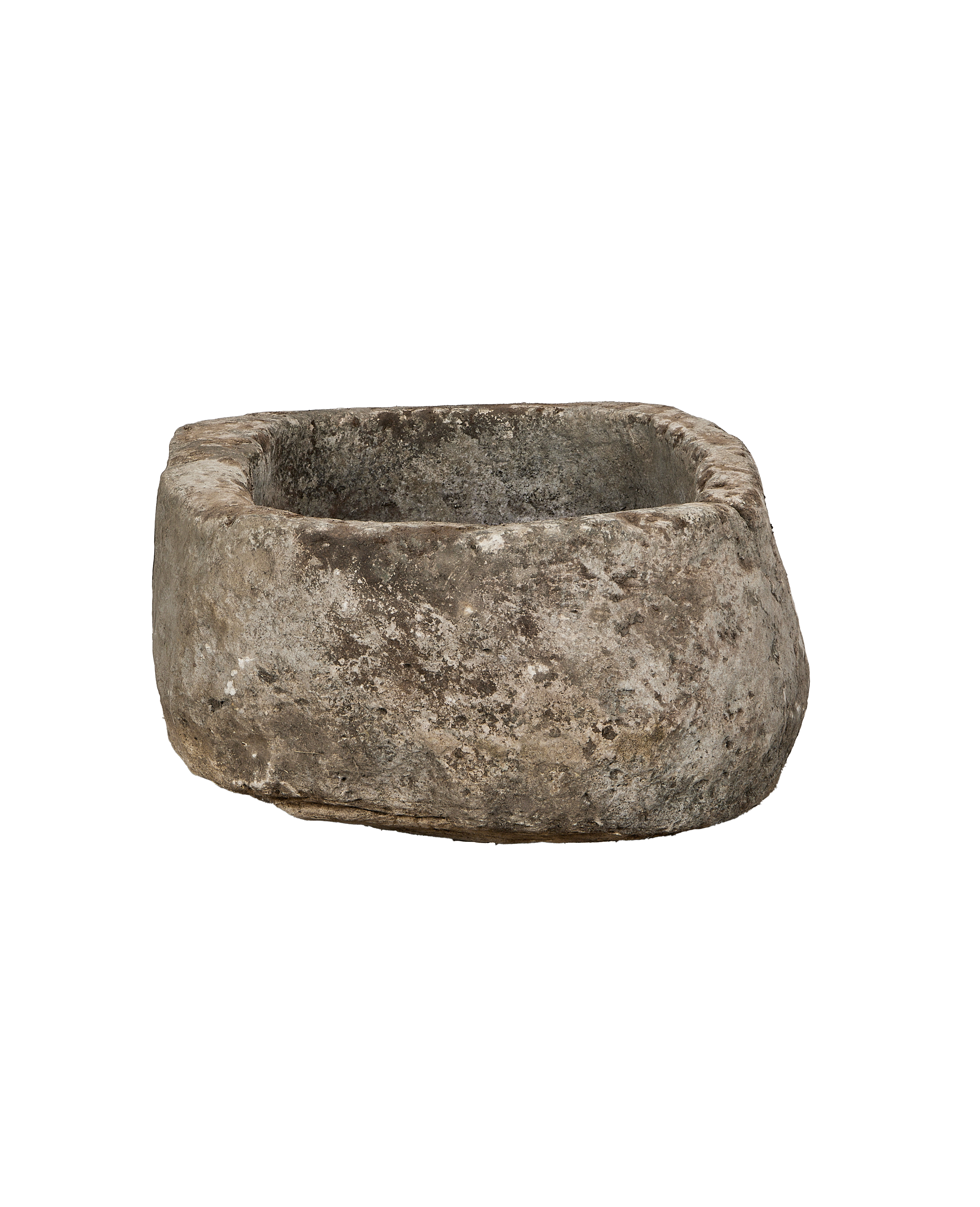Vintage Indonesian oblong oak limestone trough, weathered gray texture on exterior.
