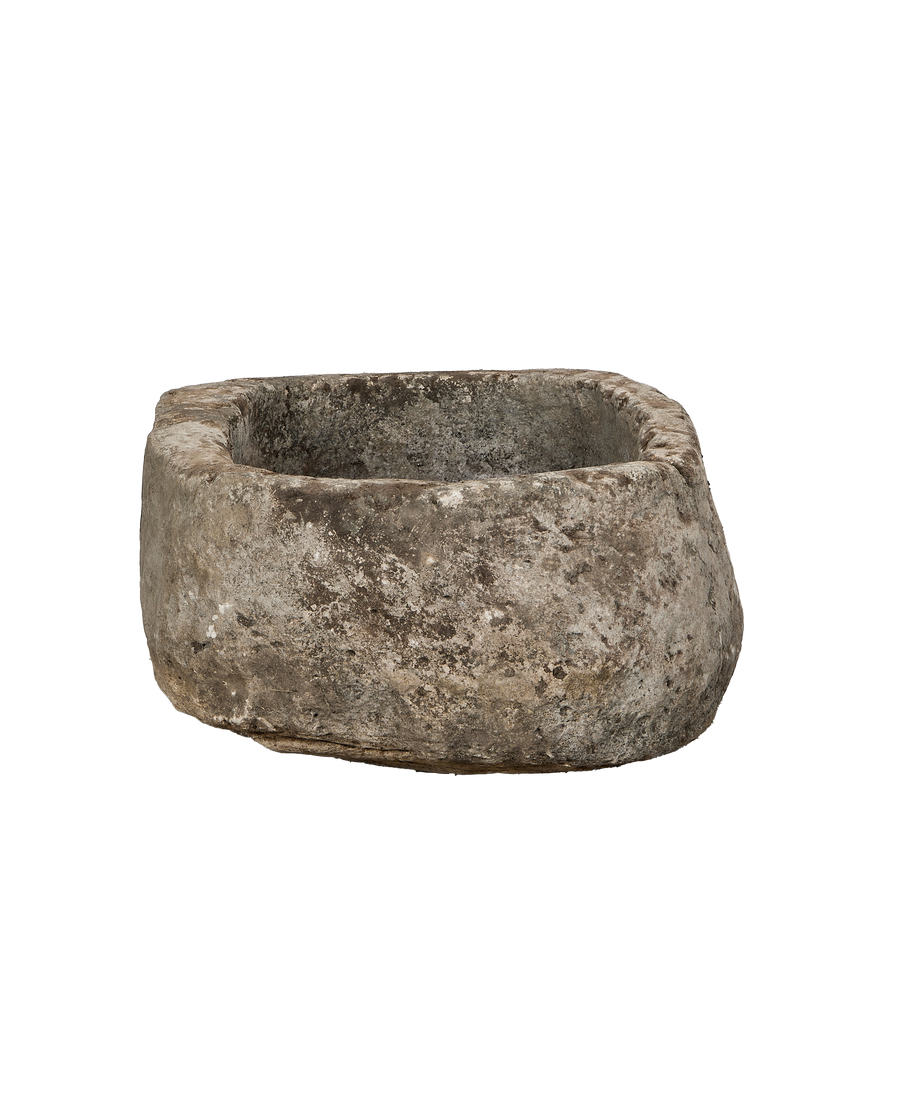 Vintage Indonesian oblong oak limestone trough, weathered gray texture on exterior.