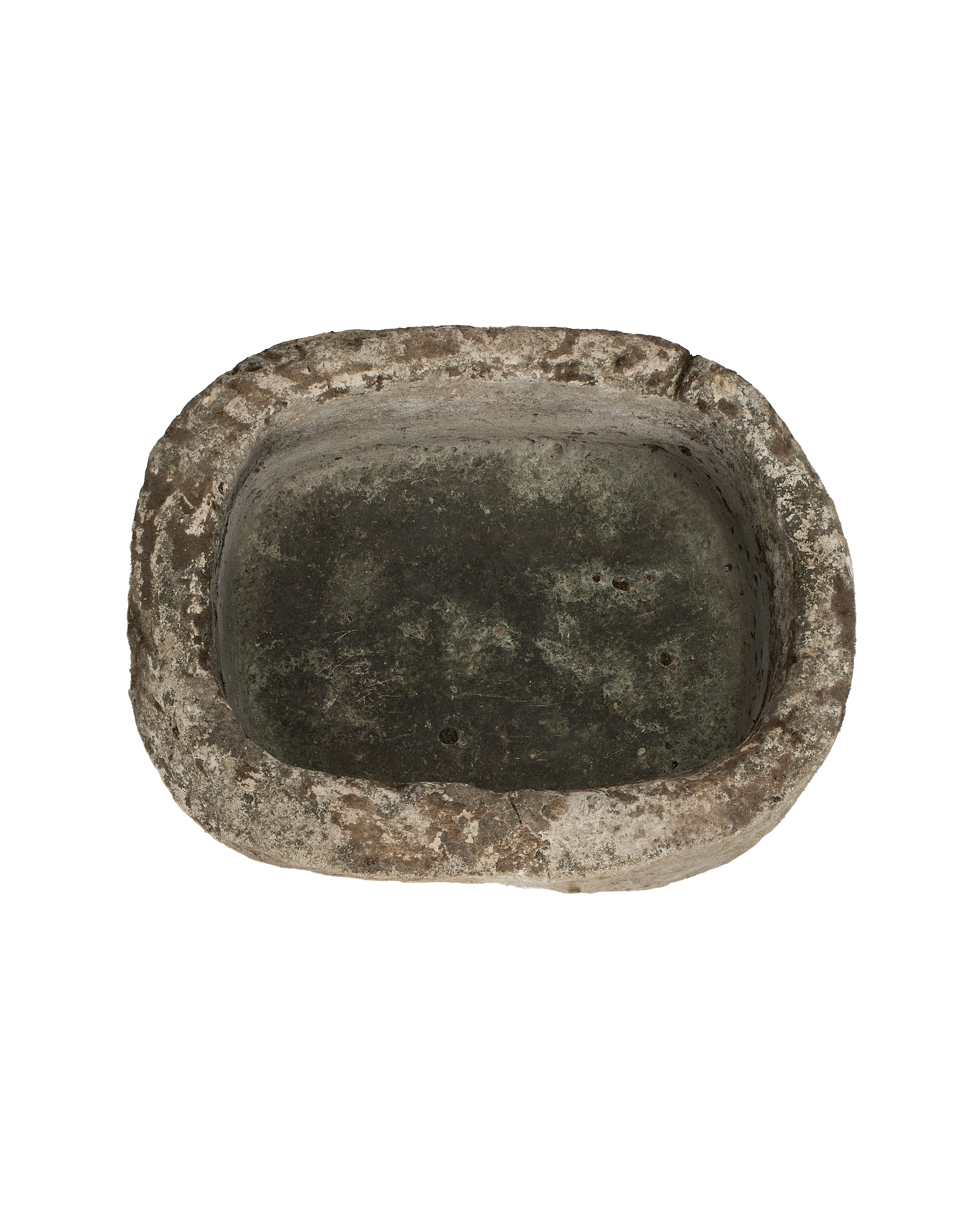 Vintage Indonesian limestone trough bird's-eye view, showing weathered gray-green interior patina.