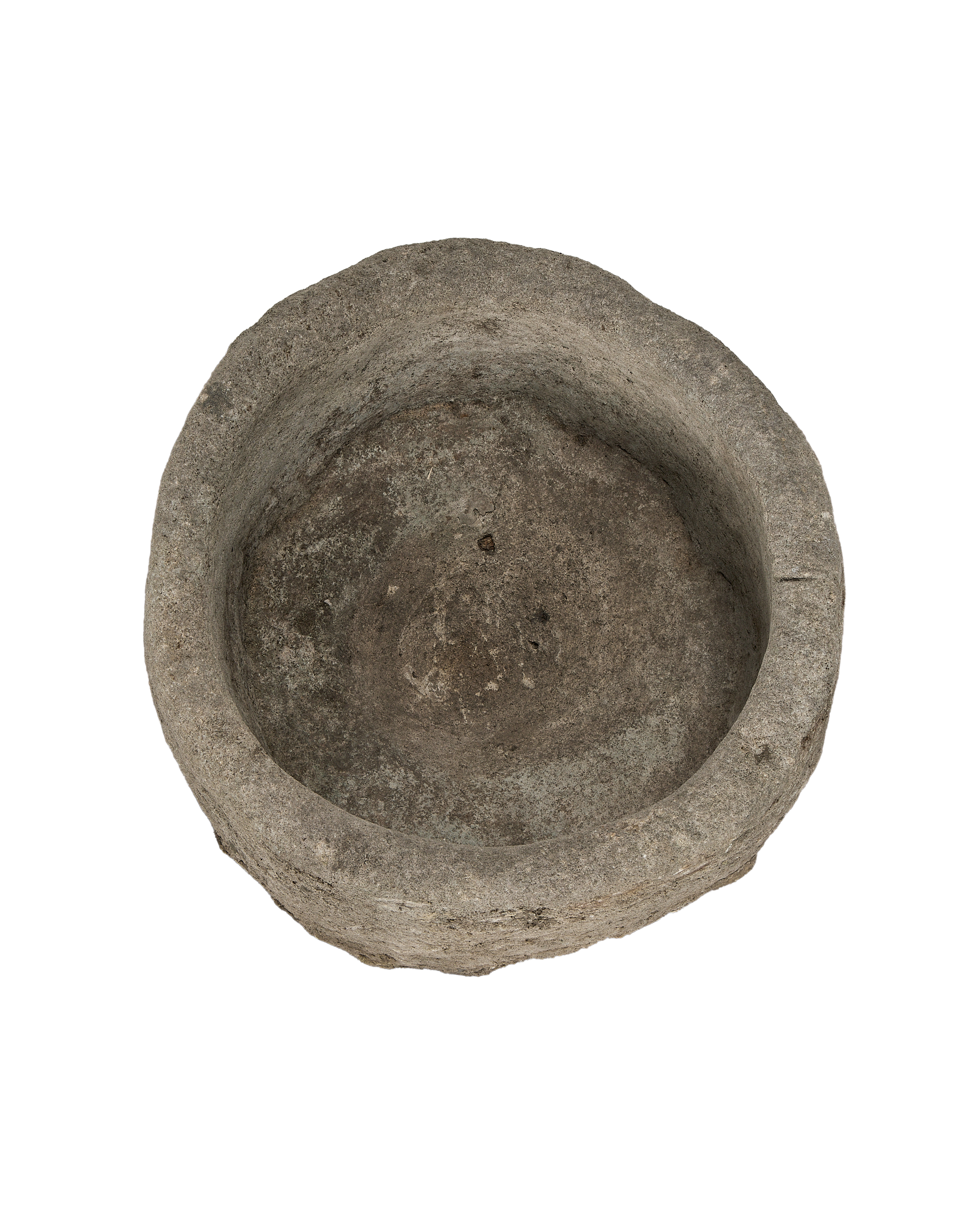 Vintage round Indonesian limestone trough, OAK style, showing interior basin and texture.