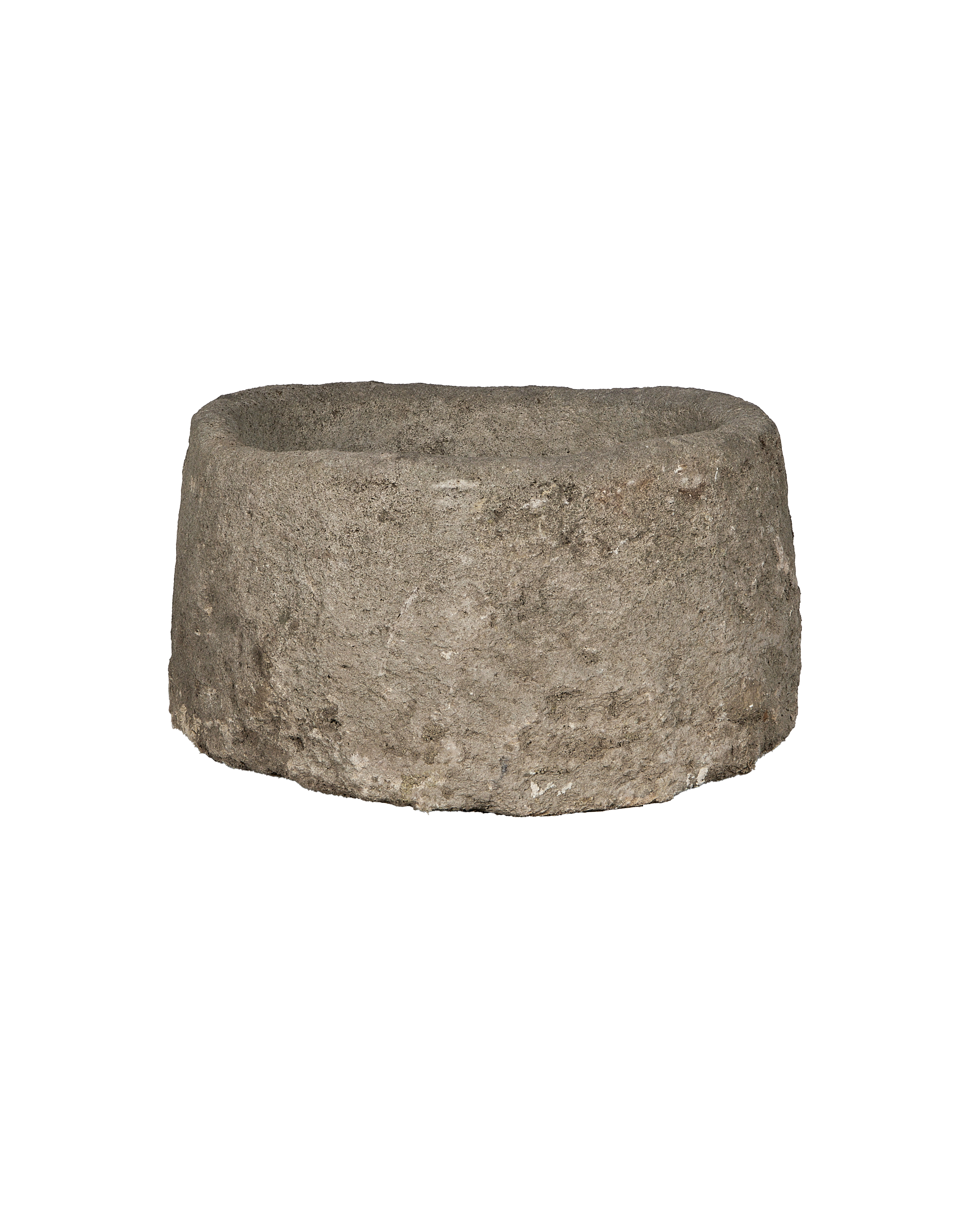 Vintage stone trough, round Indonesian OAK limestone, showing weathered, textured surface.