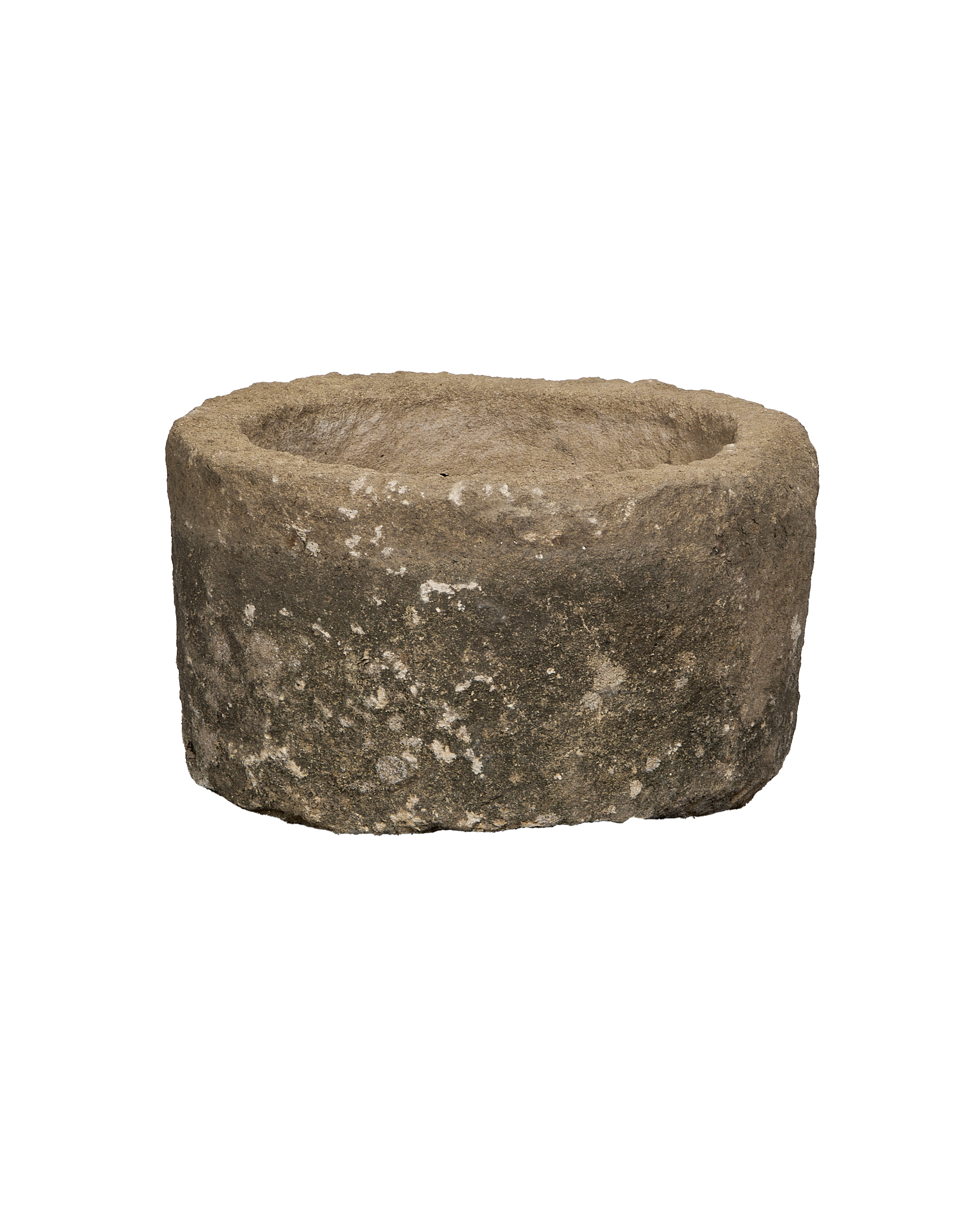 Vintage round Indonesian limestone trough, showing weathered texture and natural gray patina.