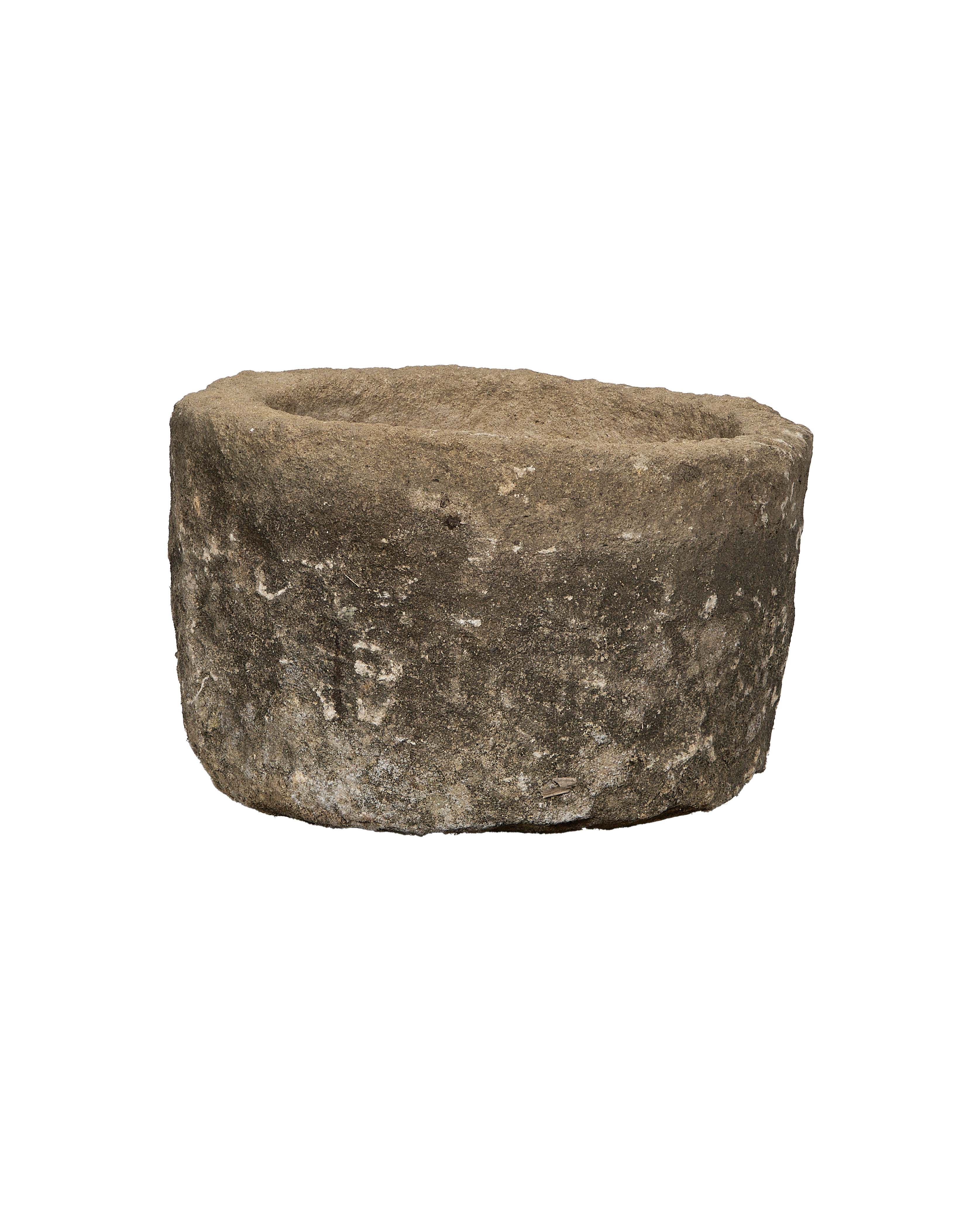 Vintage Indonesian round limestone trough, aged texture, with minor chipping details.