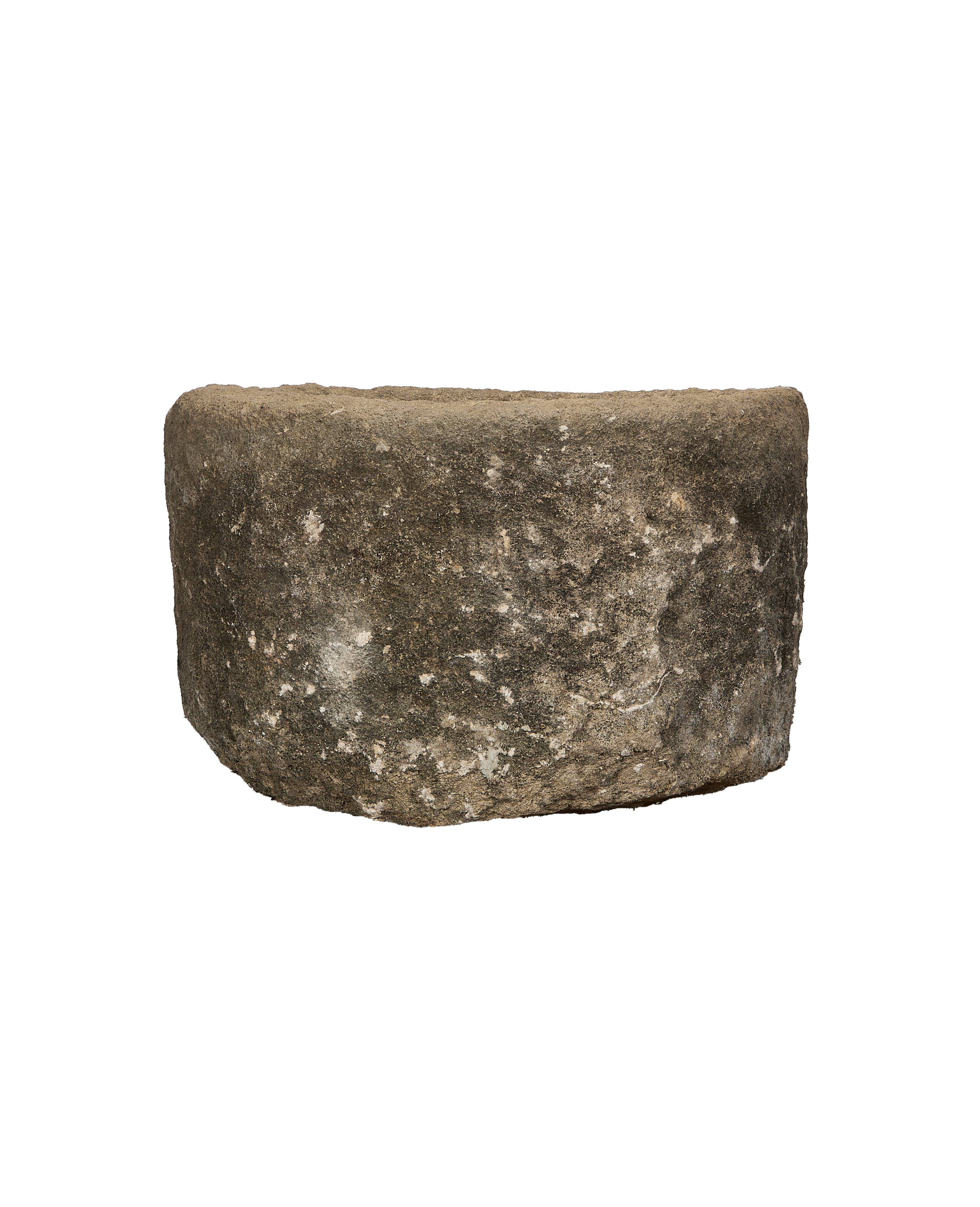 Round vintage Indonesian limestone trough, OAK finish, showing rough weathered texture.