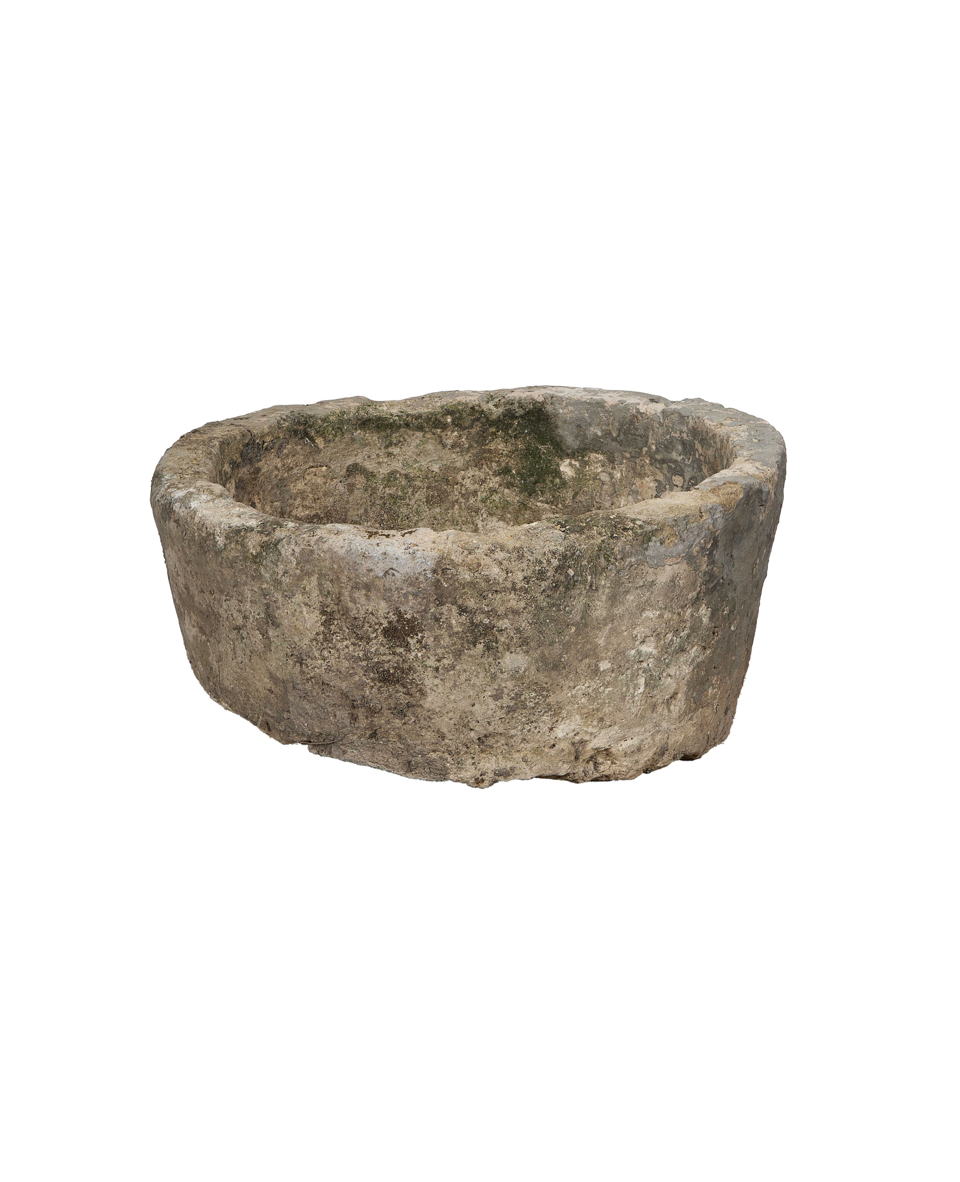 Vintage round limestone trough, Indonesia, with weathered texture and mossy grey patina.