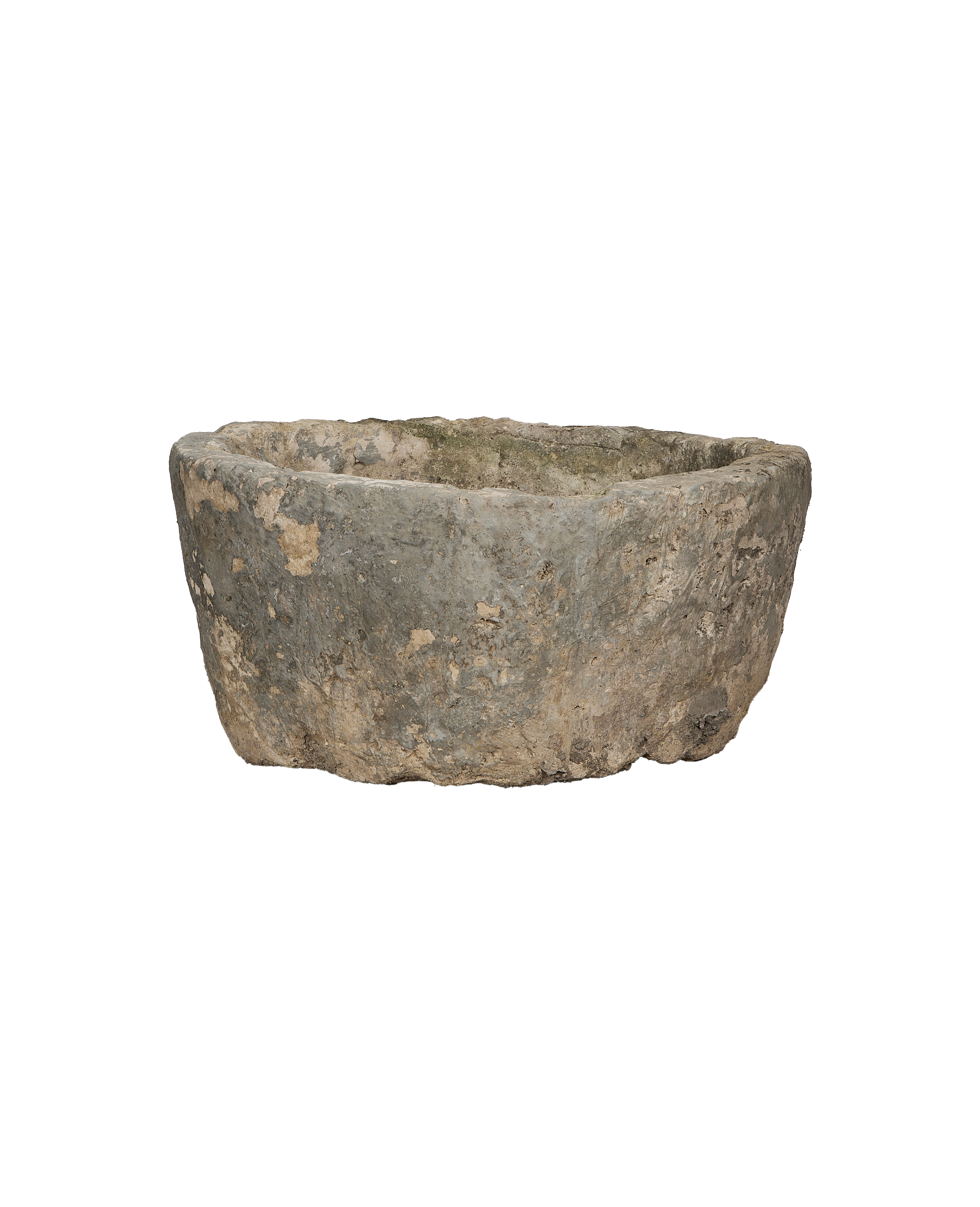 Vintage round limestone trough, full low-angle view showing weathered surface texture from Indonesia.