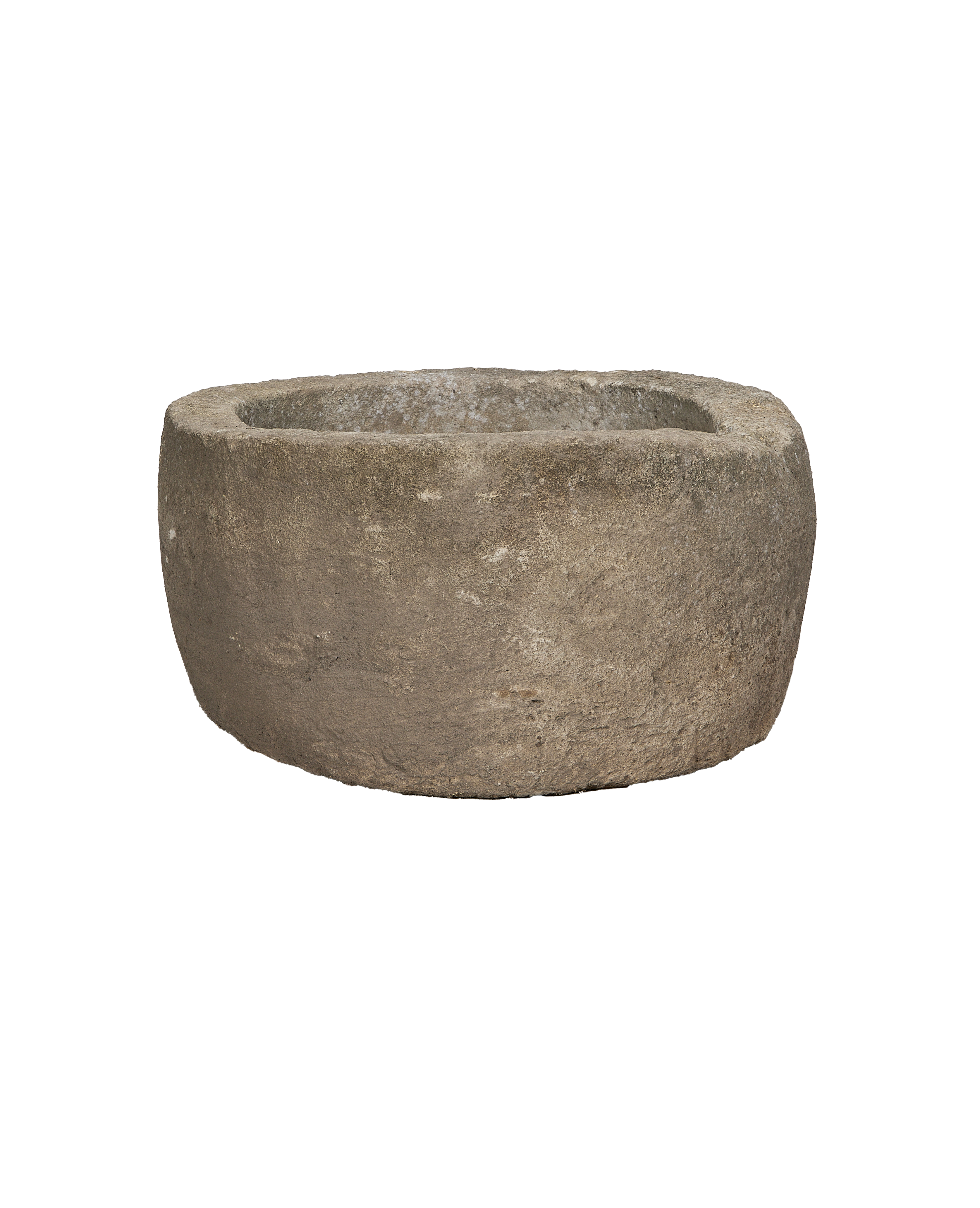 Vintage round Indonesian limestone trough, greyish brown with textured weathered surface.