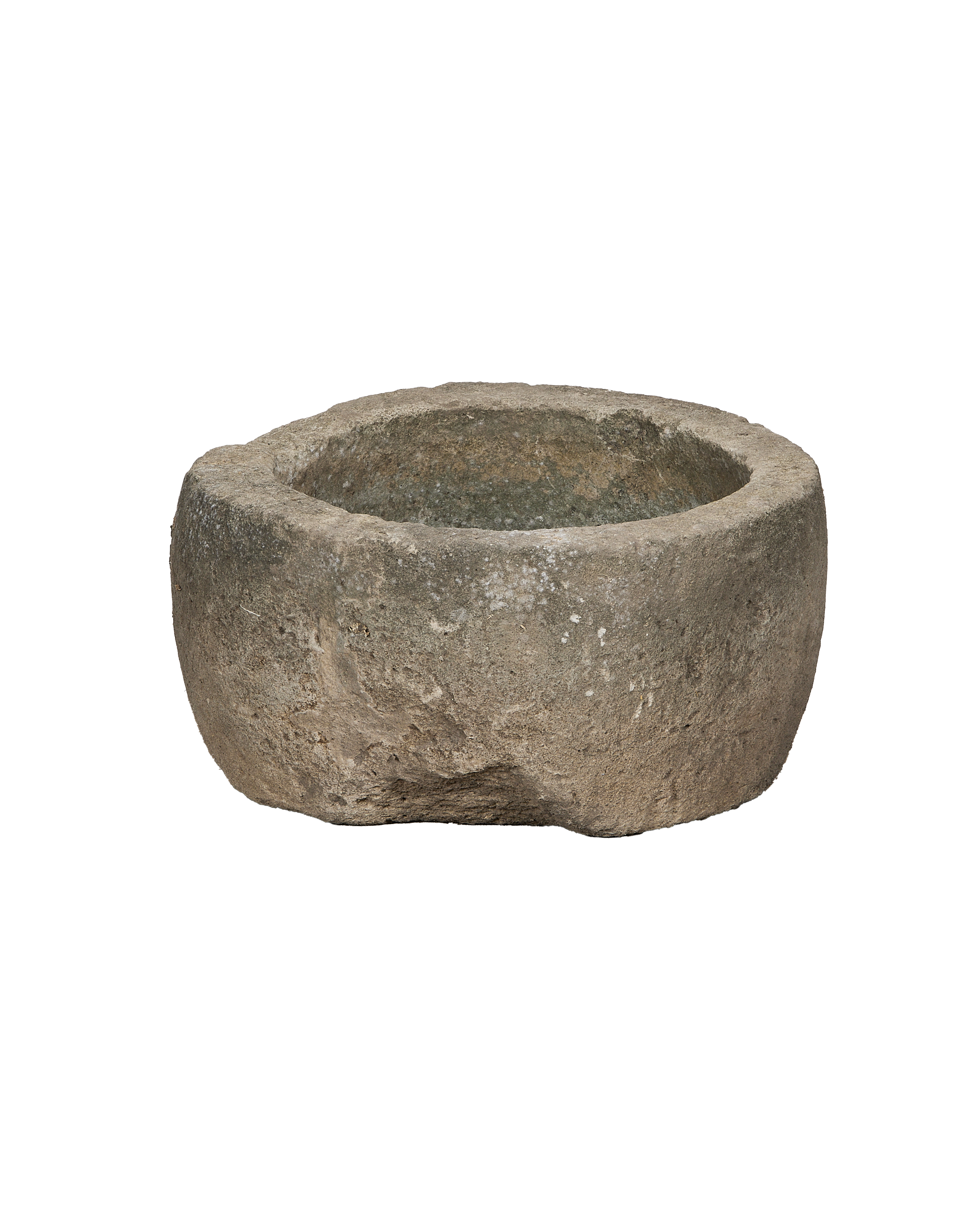 Vintage round limestone trough, aged grey patina, Indonesia origin, shown from a side angle.