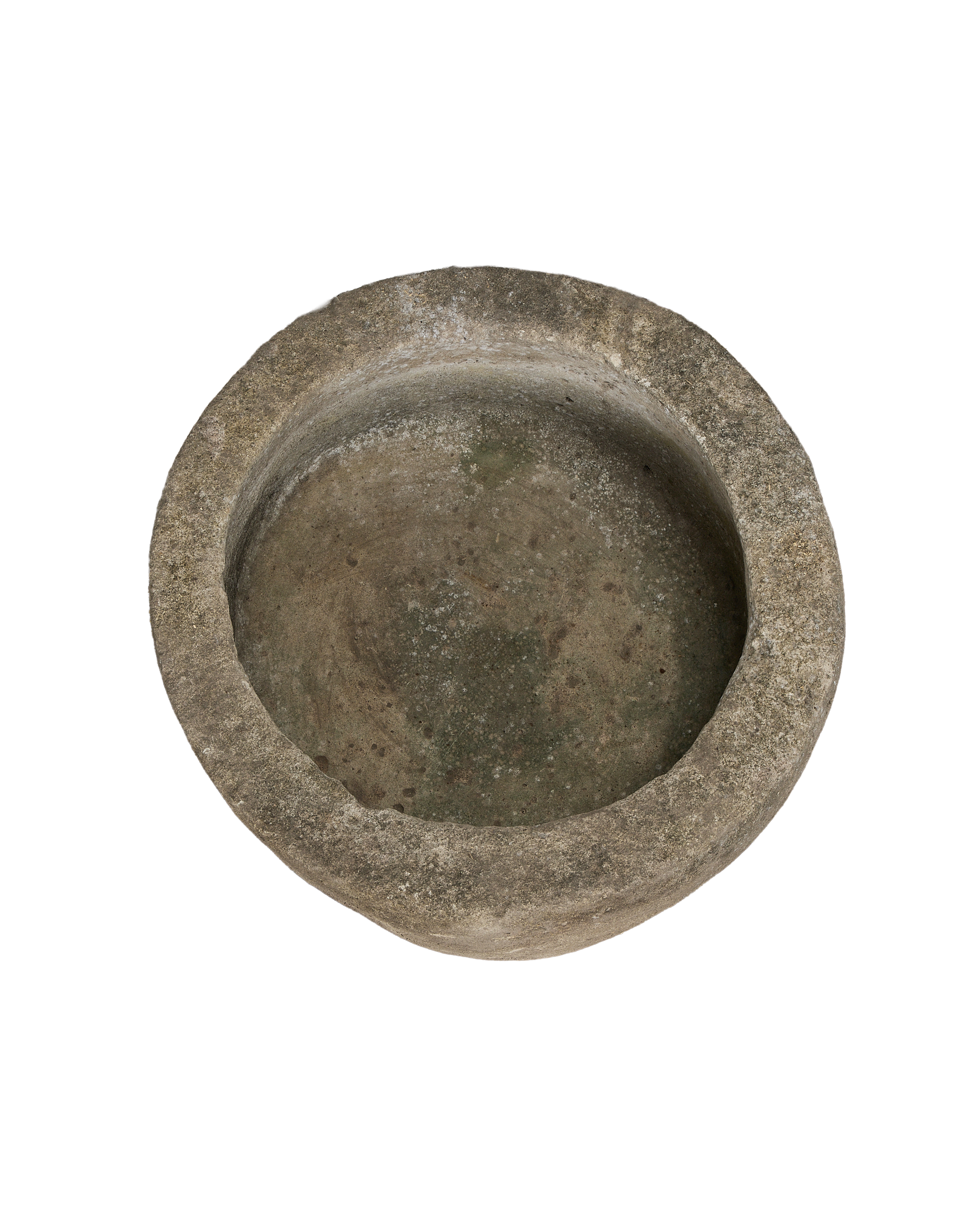 Vintage Indonesian round limestone trough, top view detail, showing interior wear and patina.