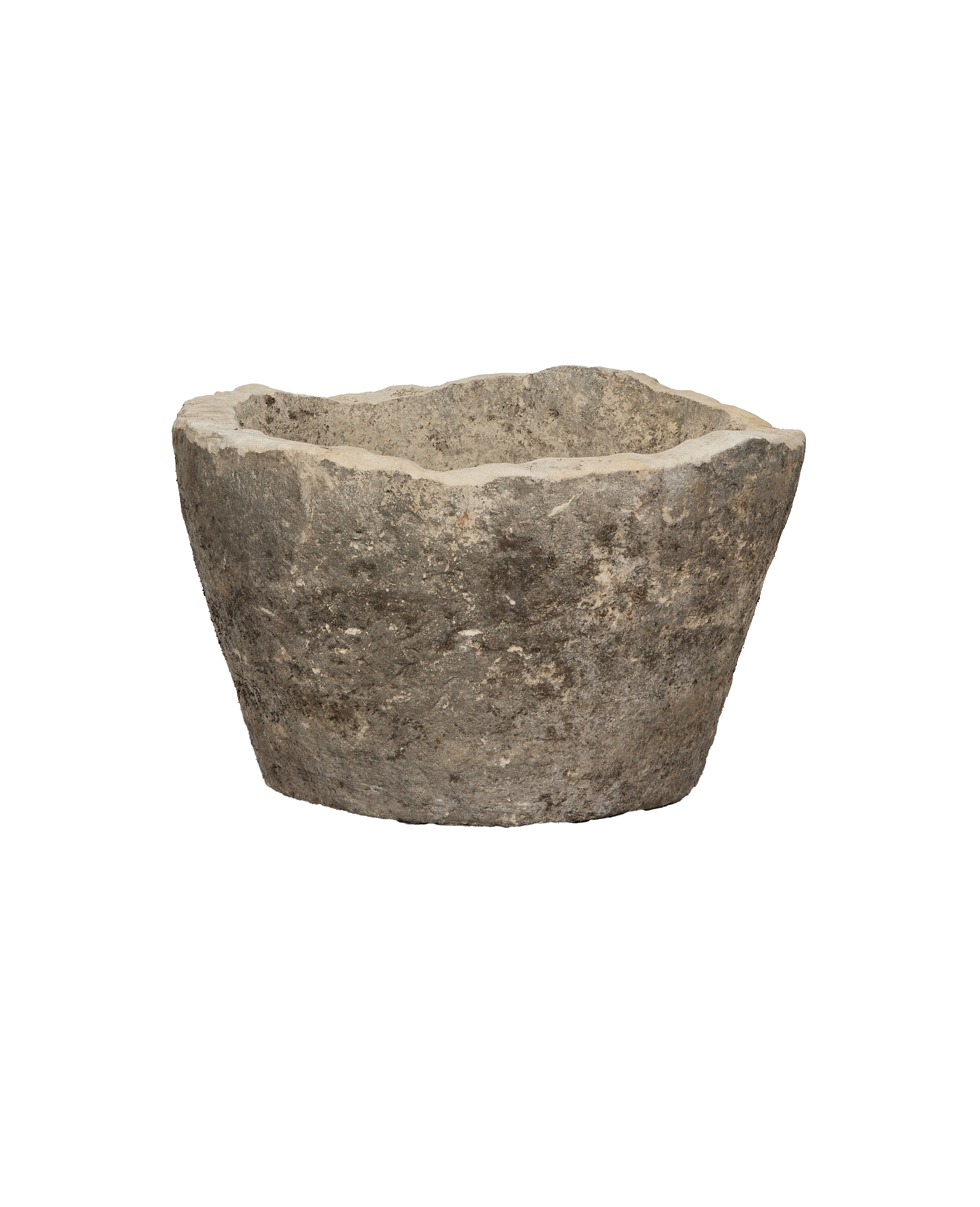 Vintage round Indonesian limestone trough, OAK style, weathered grey texture, rough edges, main view.