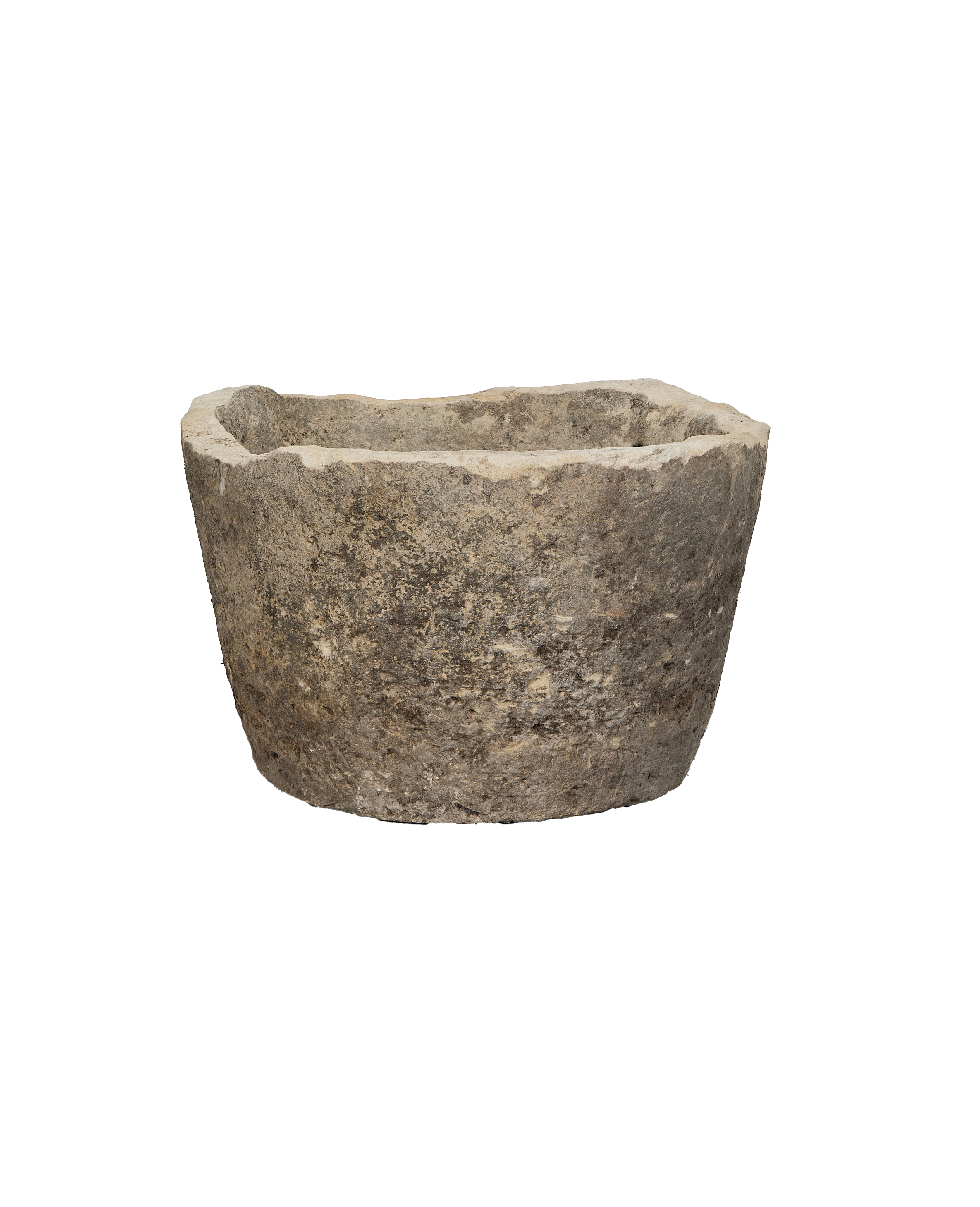 Vintage Indonesian round limestone trough, showing distressed texture and rim.