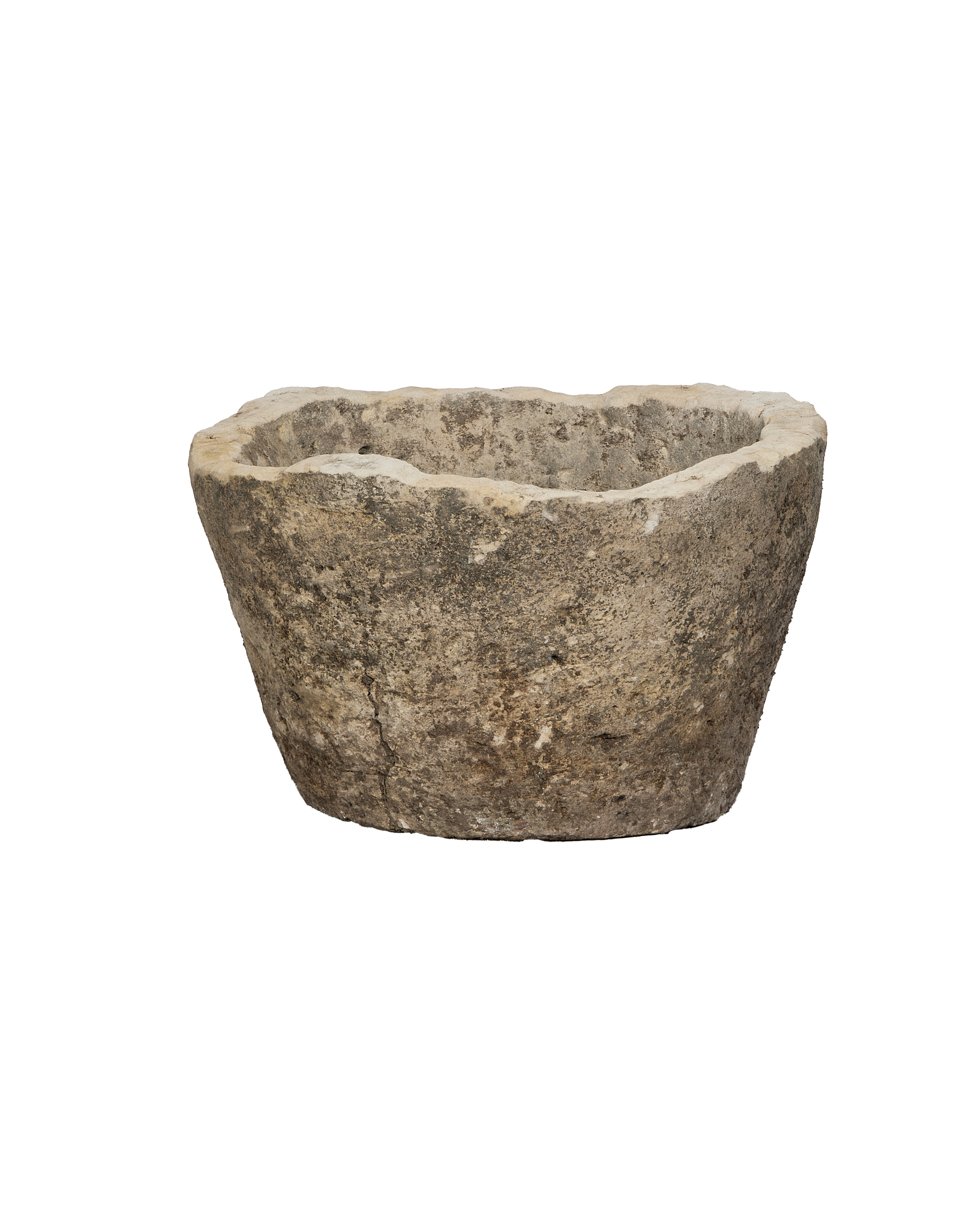 Vintage Indonesian round limestone trough, aged rustic texture, showing a subtle side crack.