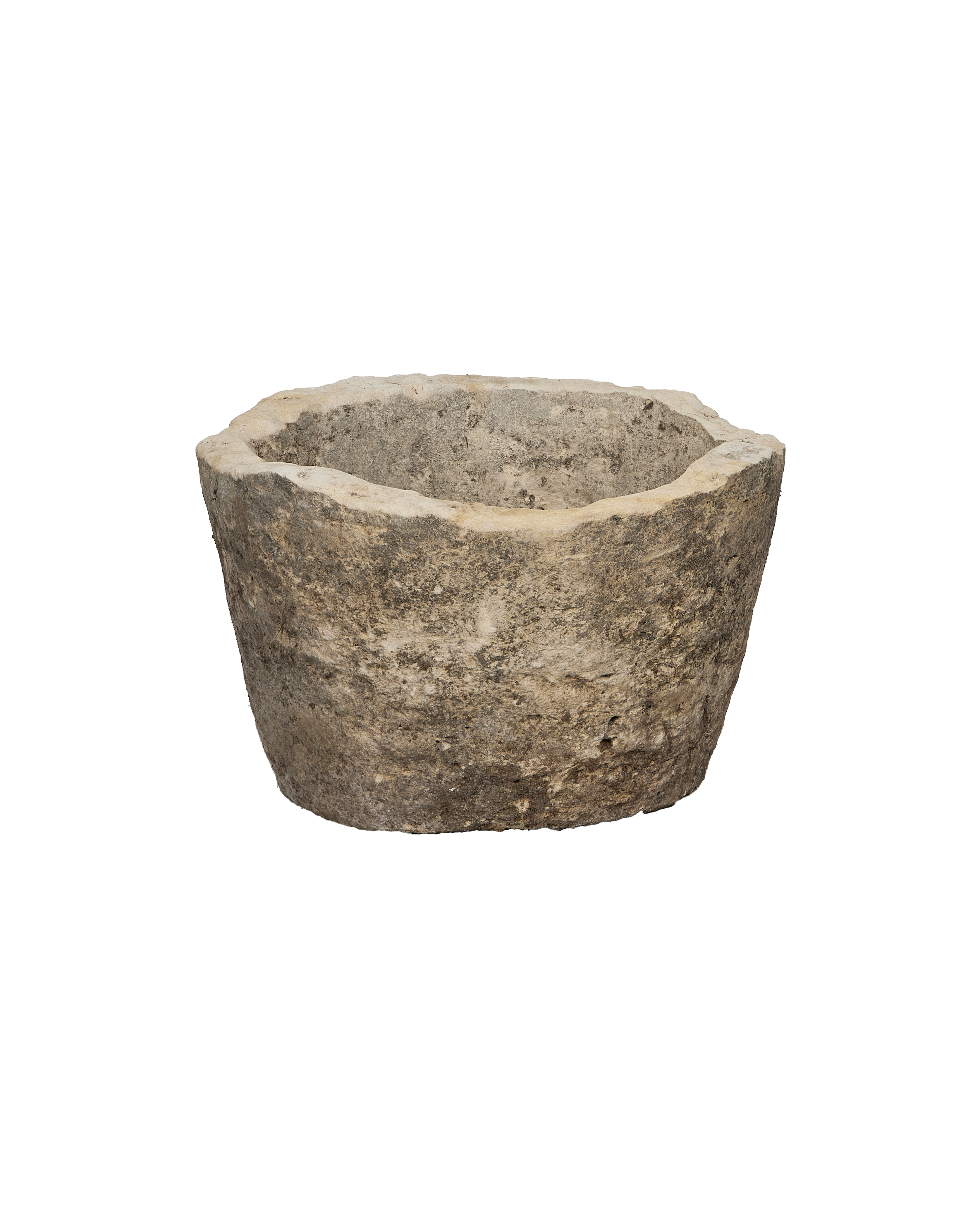 Vintage round limestone trough, top opening showing texture and aged condition.