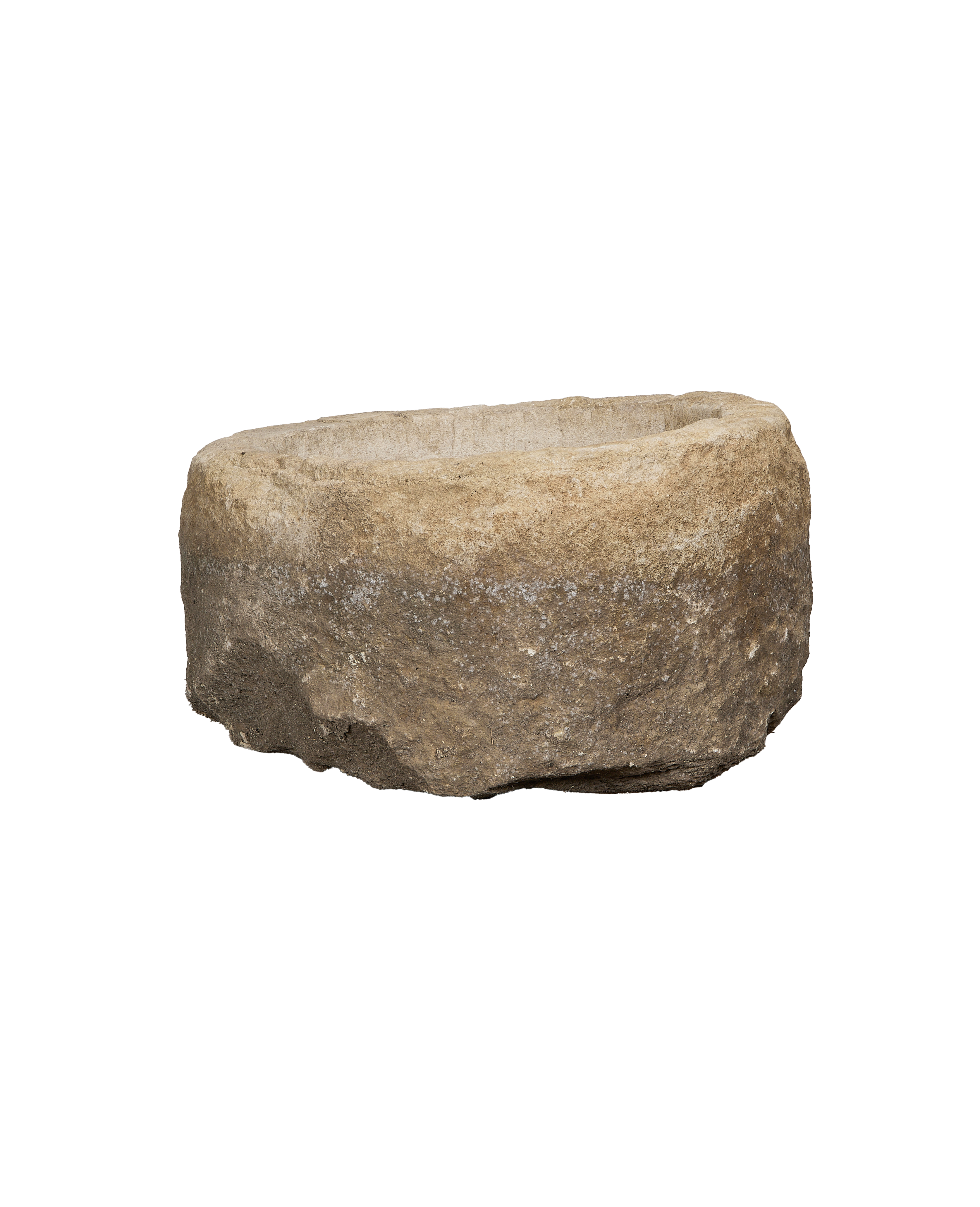 Vintage Indonesian limestone, round trough, rustic weathered finish, off-white to beige.