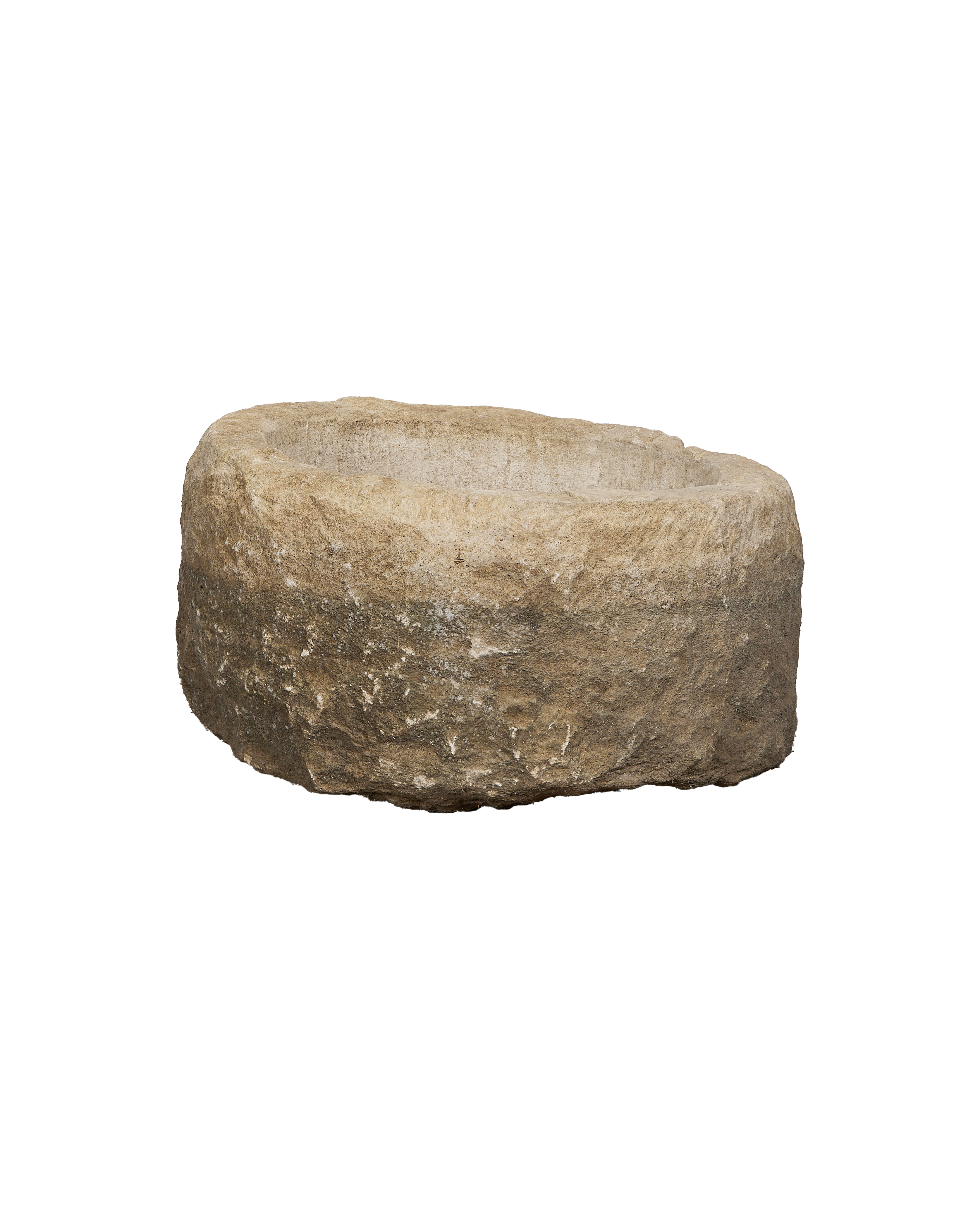 Vintage round limestone trough, aged texture, with deep basin and rough sides.