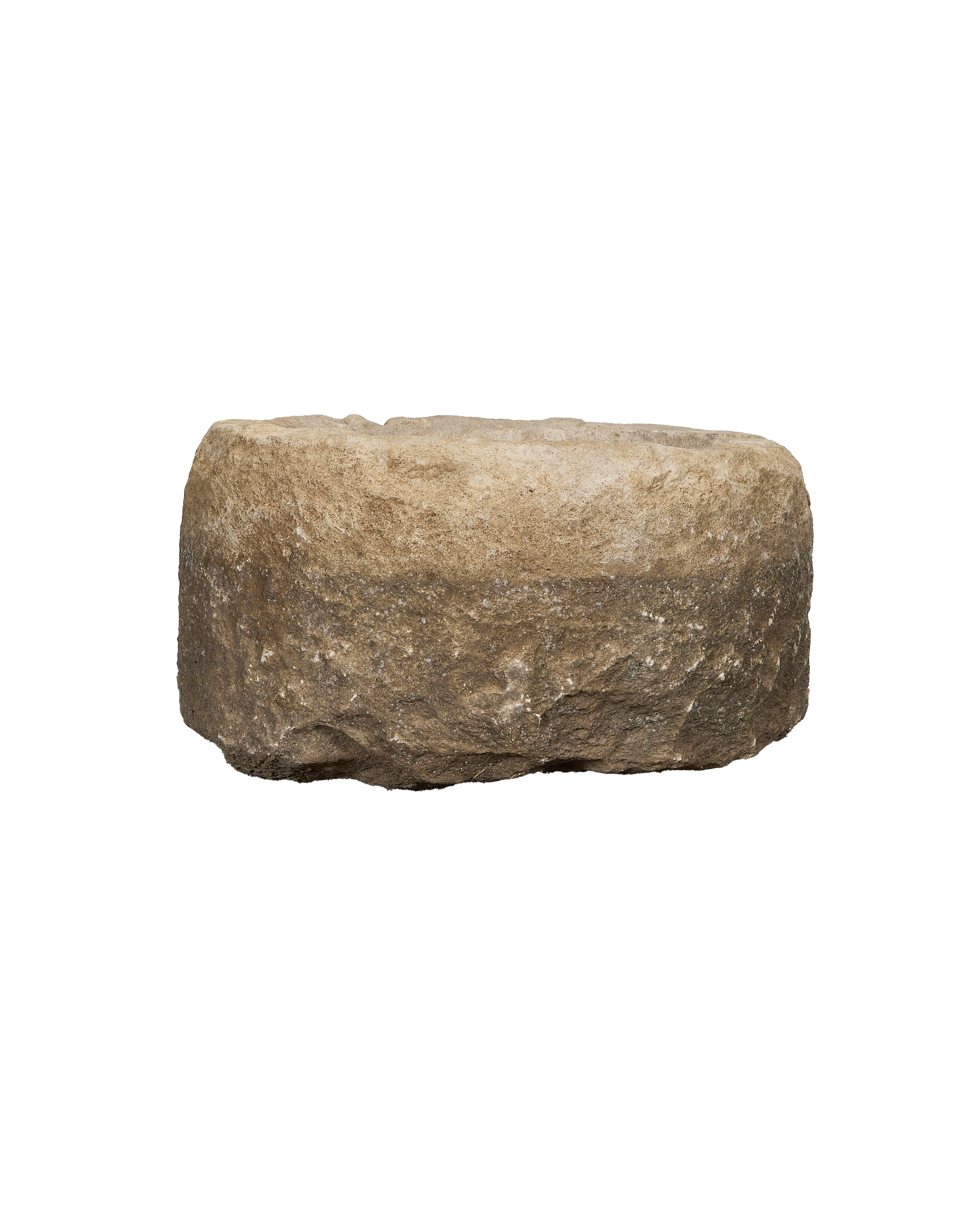 Vintage Indonesian round limestone trough, rich textured side view, weathered condition.