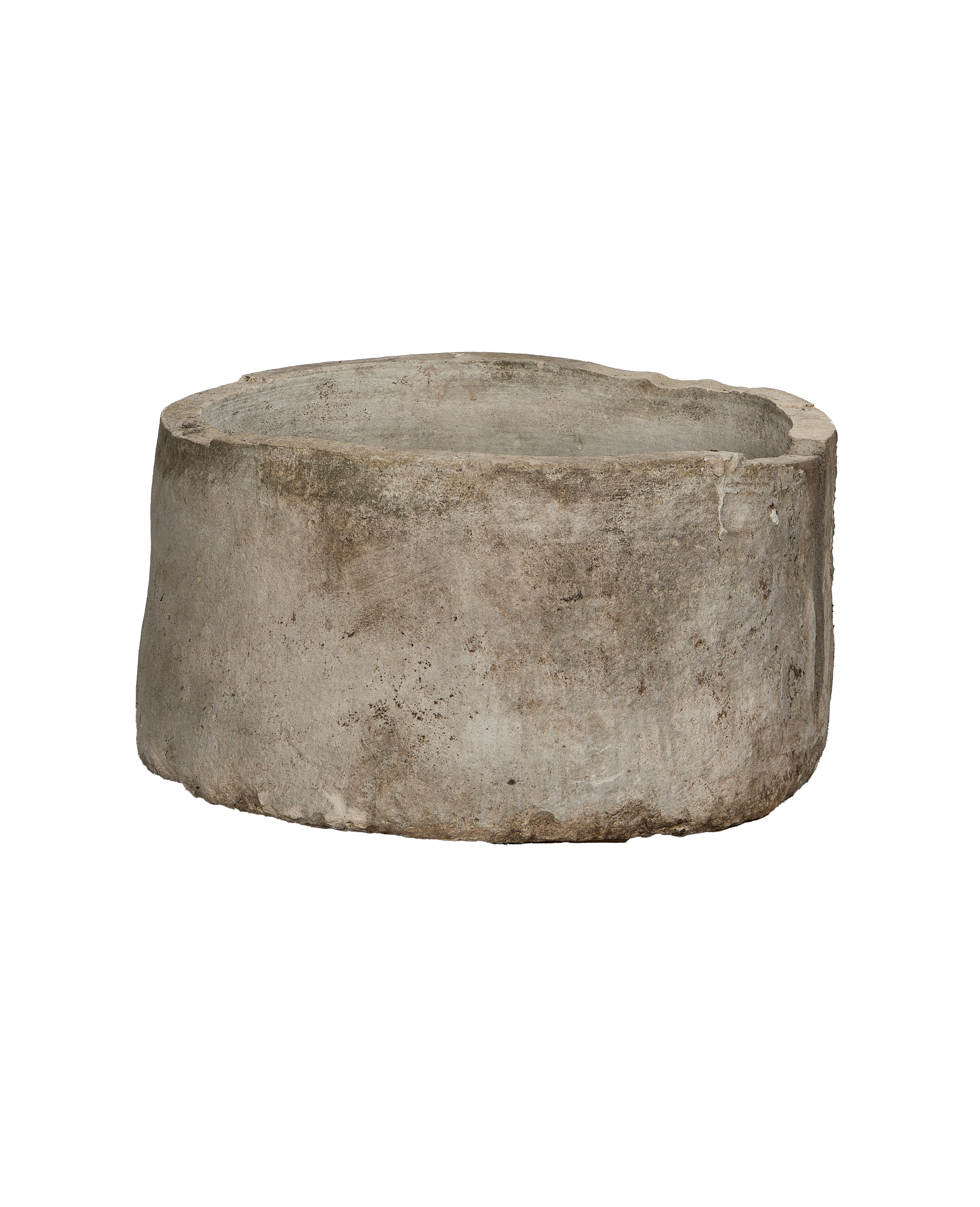 Vintage round Indonesian limestone trough, OAK finish, with weathered, textured surface.