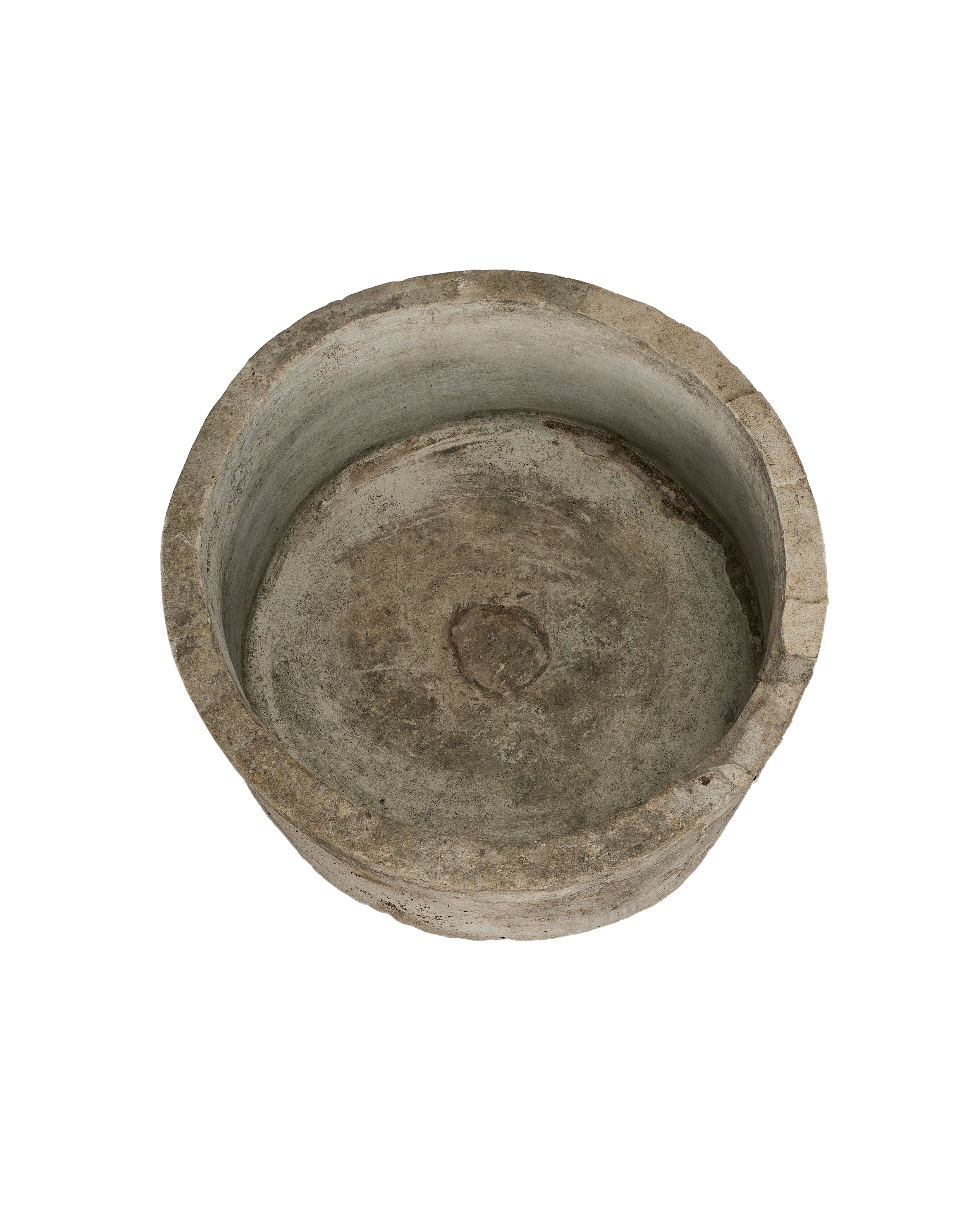 Vintage Indonesian round limestone trough, top-down view showing interior basin texture.