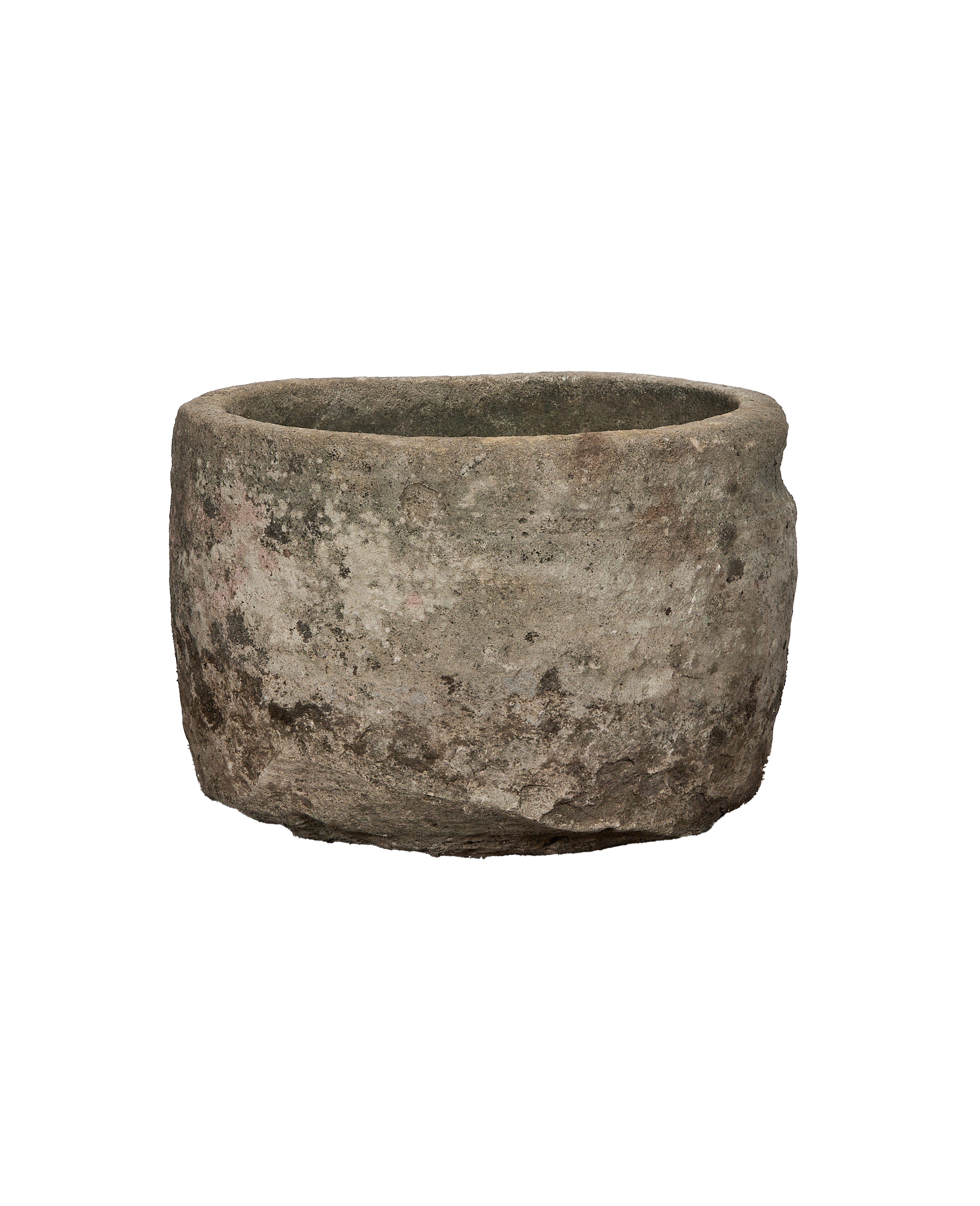 Vintage round Indonesian limestone trough, showing natural weathered texture, and unique organic imperfections.