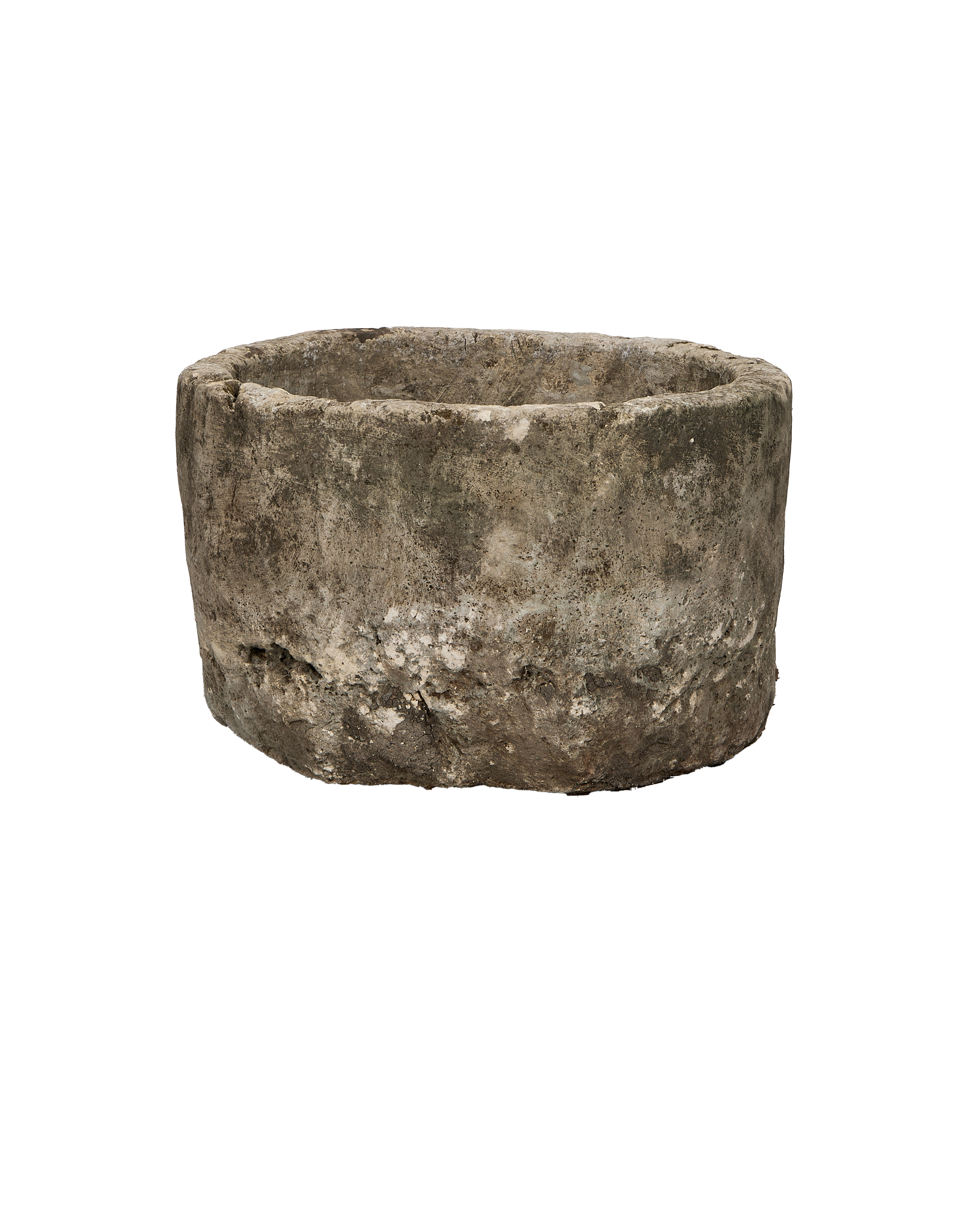 Vintage Indonesian round limestone trough, rough texture with natural weathering and imperfections.