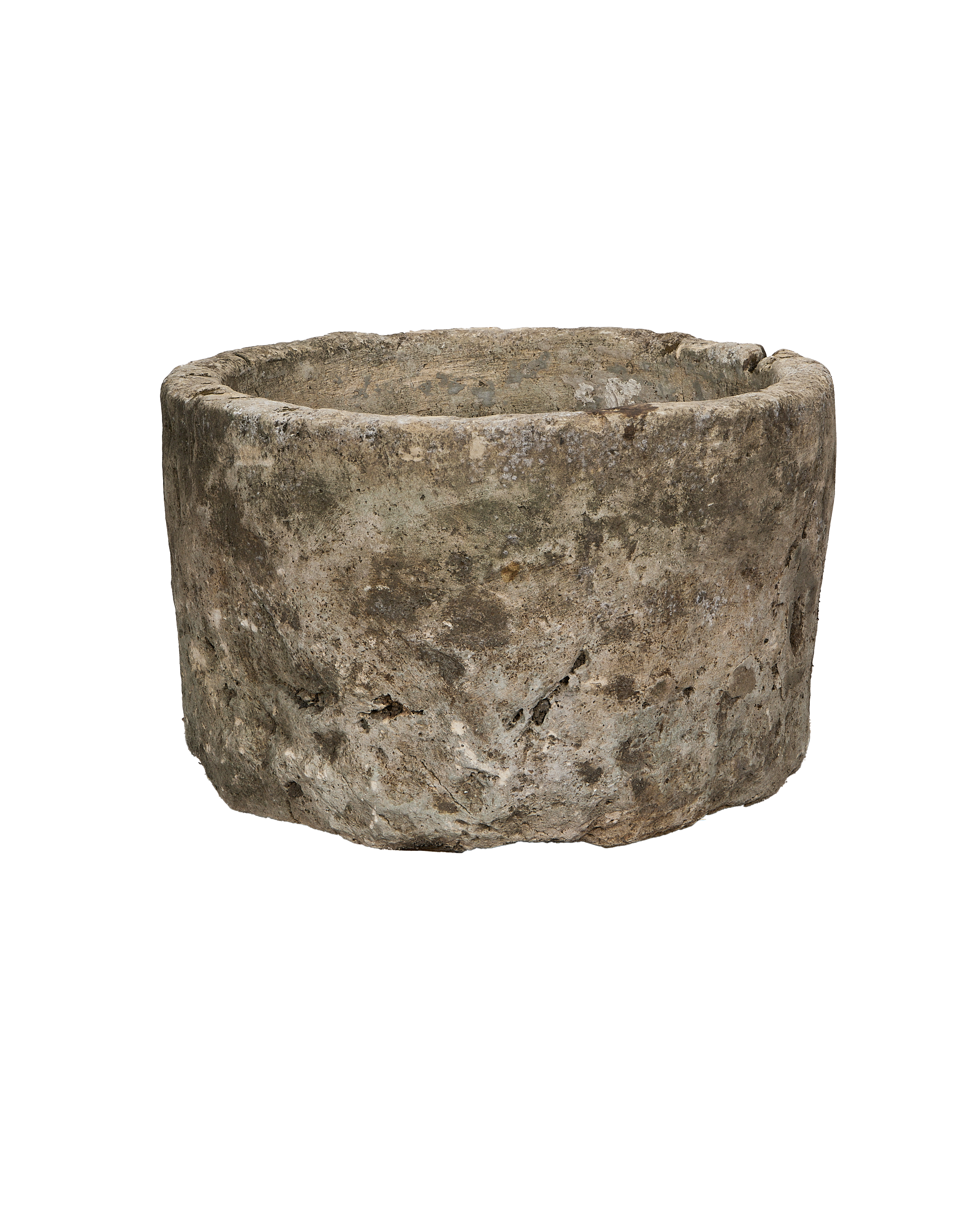 Round vintage limestone trough from Indonesia, showcasing weathered texture and natural imperfections from an elevated perspective.