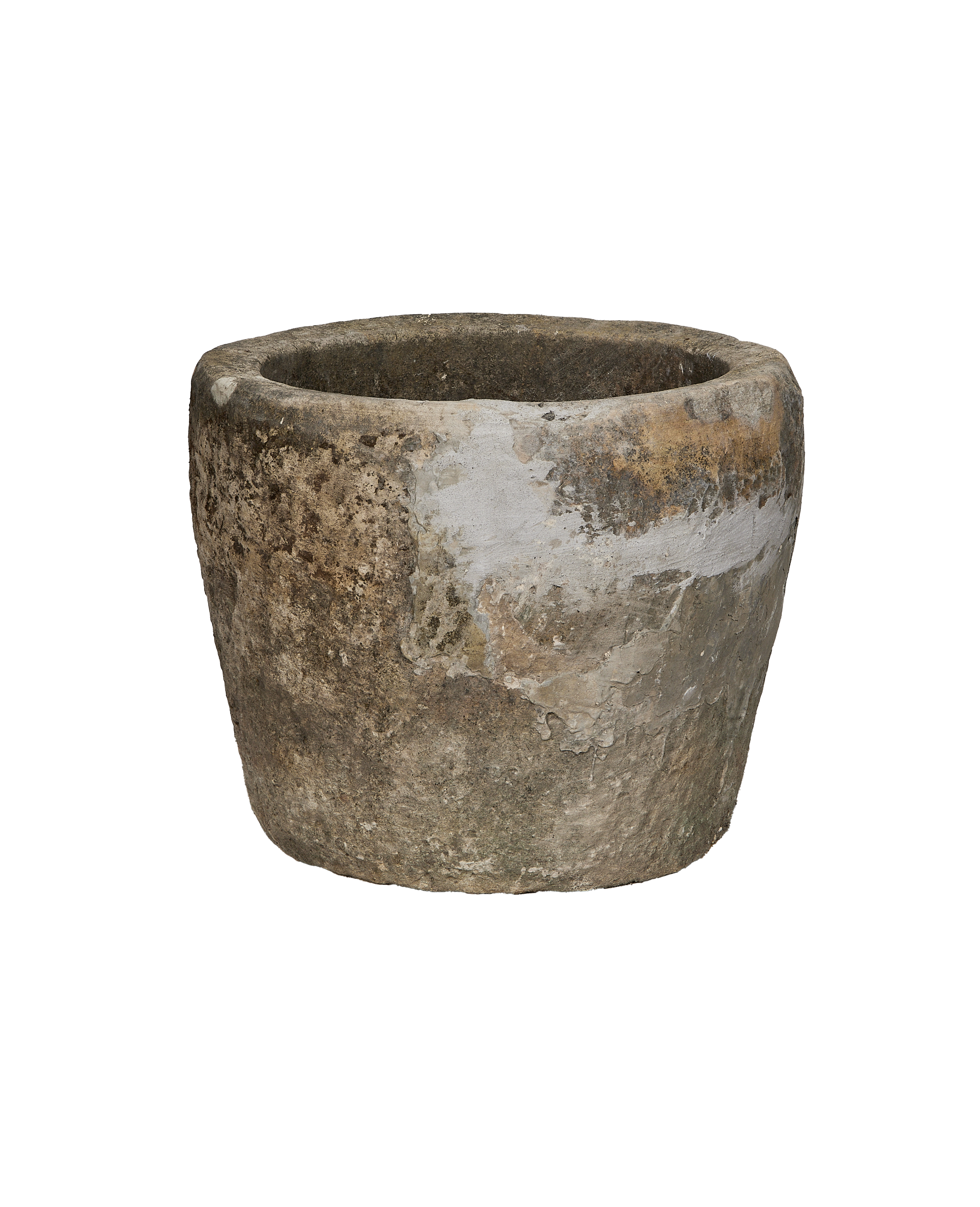 Vintage Indonesian limestone trough, round, showing distressed side with weathered patina.