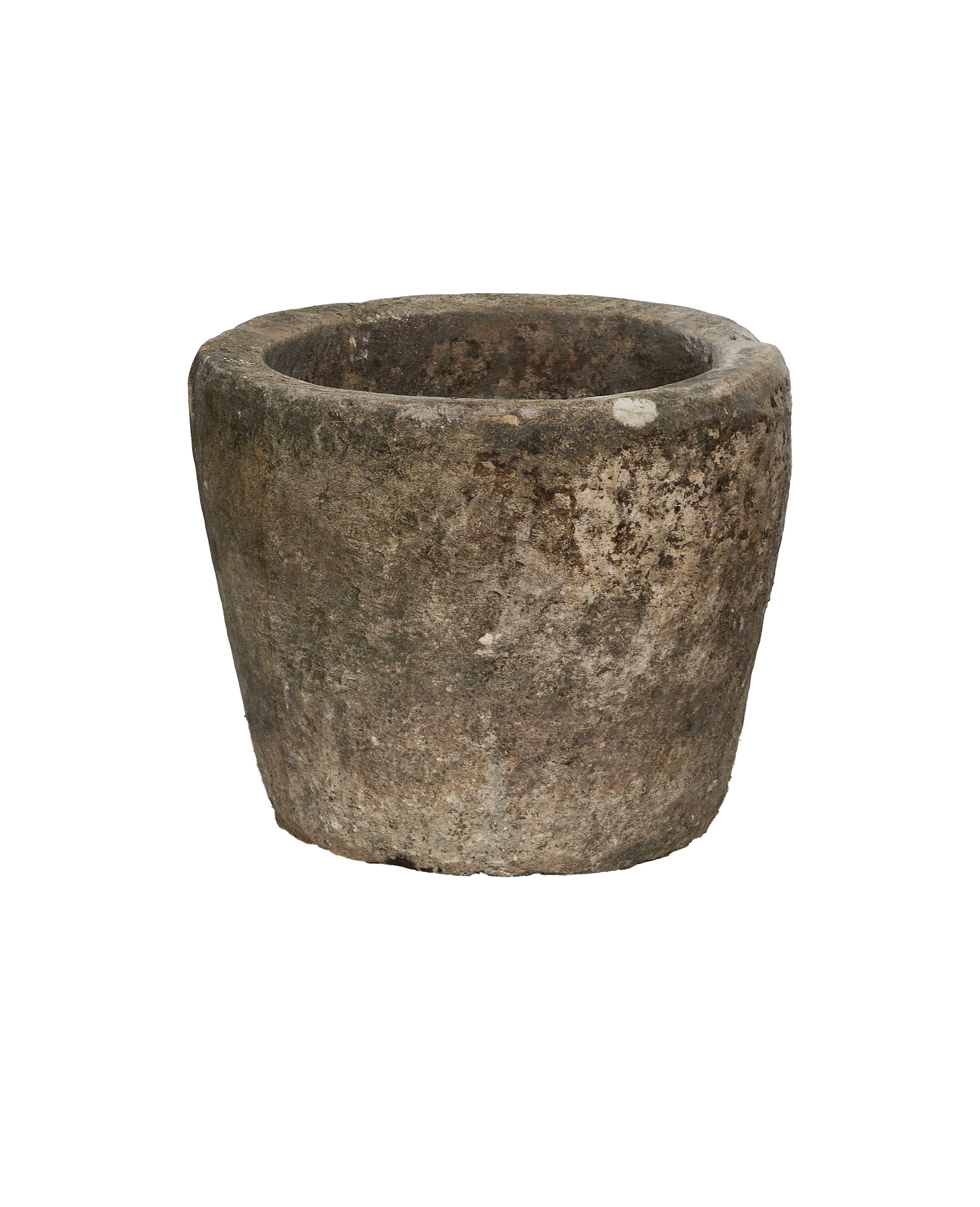Vintage Indonesian limestone trough, round, showcasing worn texture and weathered patina.
