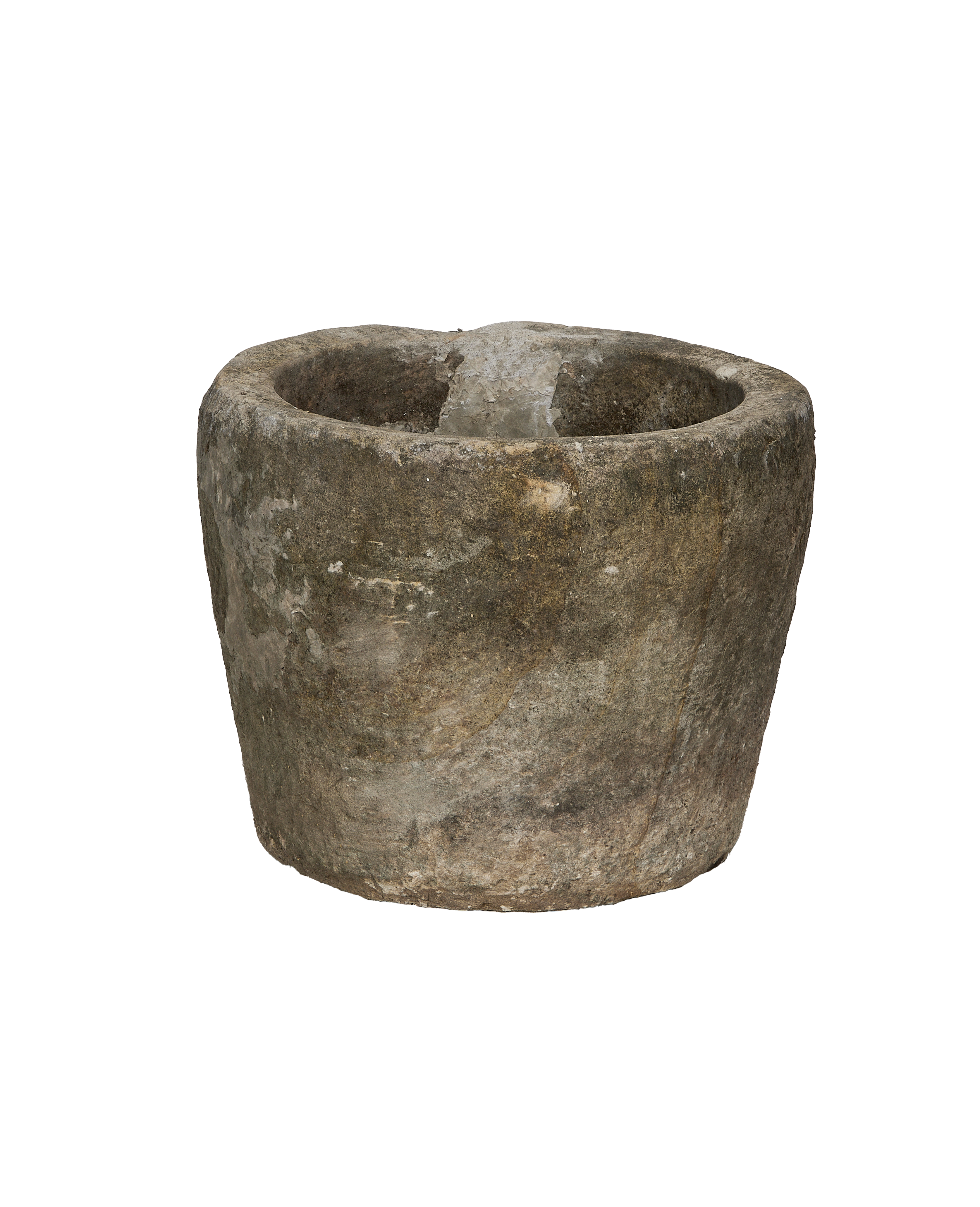 Vintage limestone trough, round, showcasing weathered texture and unique Indonesian stone.