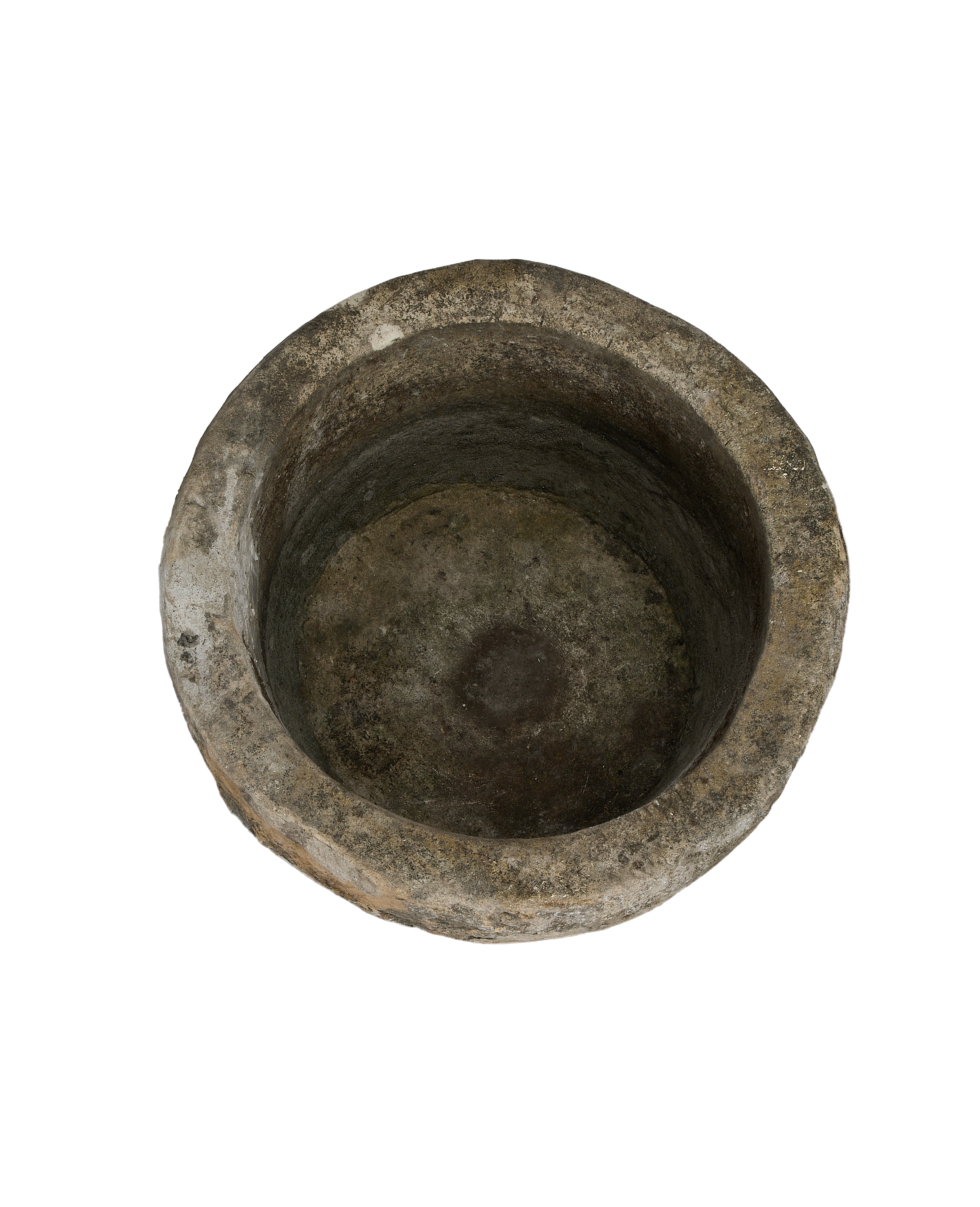 Vintage Indonesian limestone trough (Oak), round, viewed from above, showing weathered inside surface.