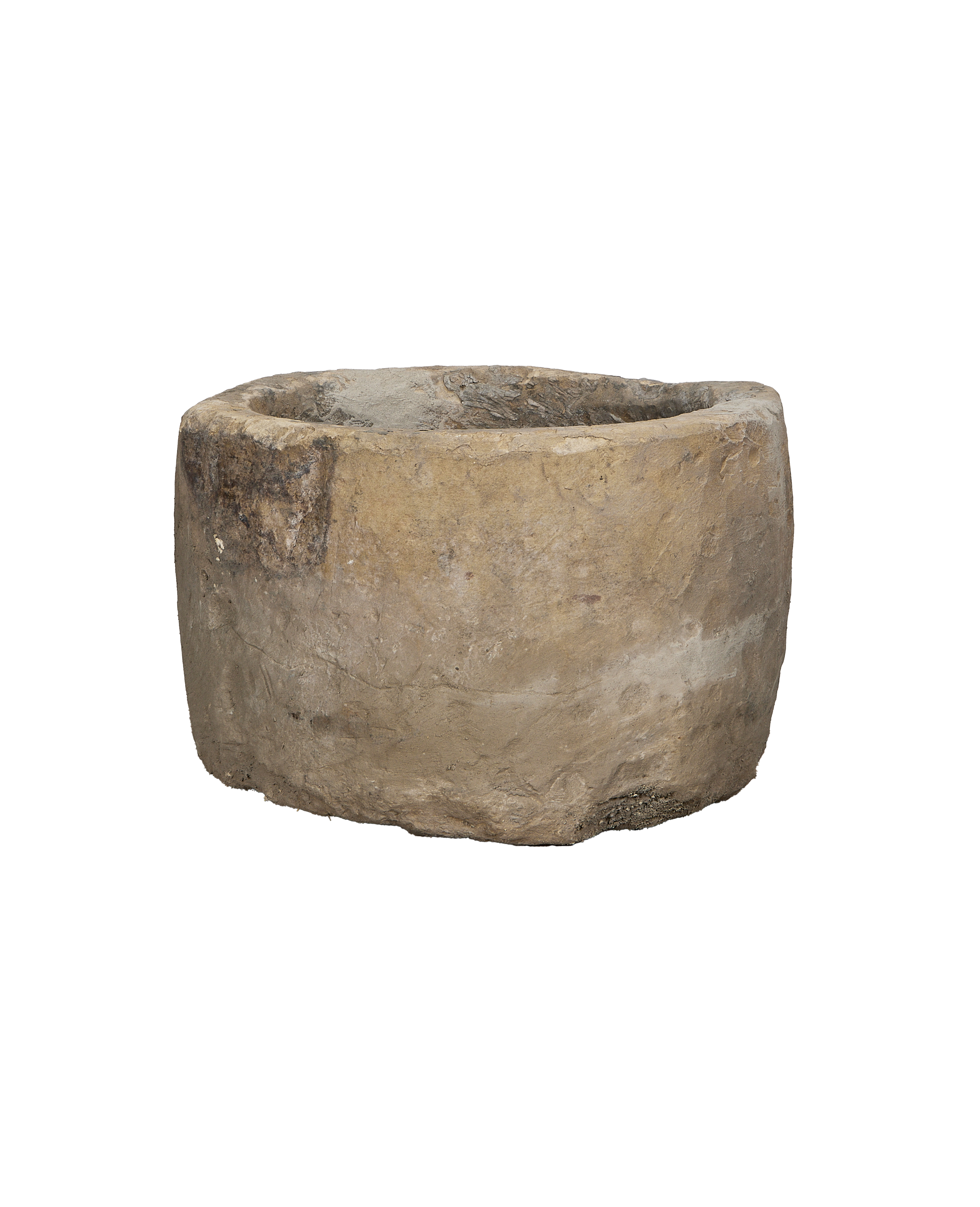 Vintage Indonesian round limestone trough, aged patina, weathered surface, and rustic character.